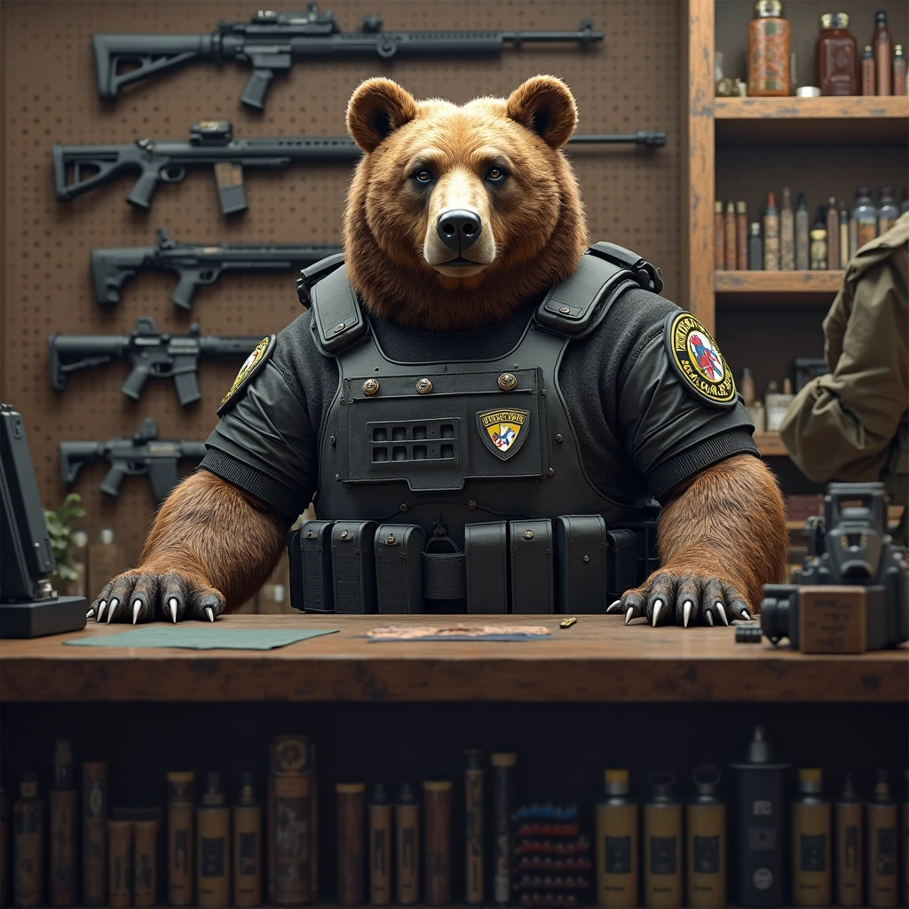 A brown bear wearing baggy pants and no shirt with a wrestling belt on that says TSR , super muscular , with a computer keyboard and a blank screen in front. He&#39;s rapping and standing but he&#39;s rapping to the inert monitor, that the screen is seen from the side and that a bazooka is in the other hand and that on that bazooka is written THE NAME OF “BDGA”
