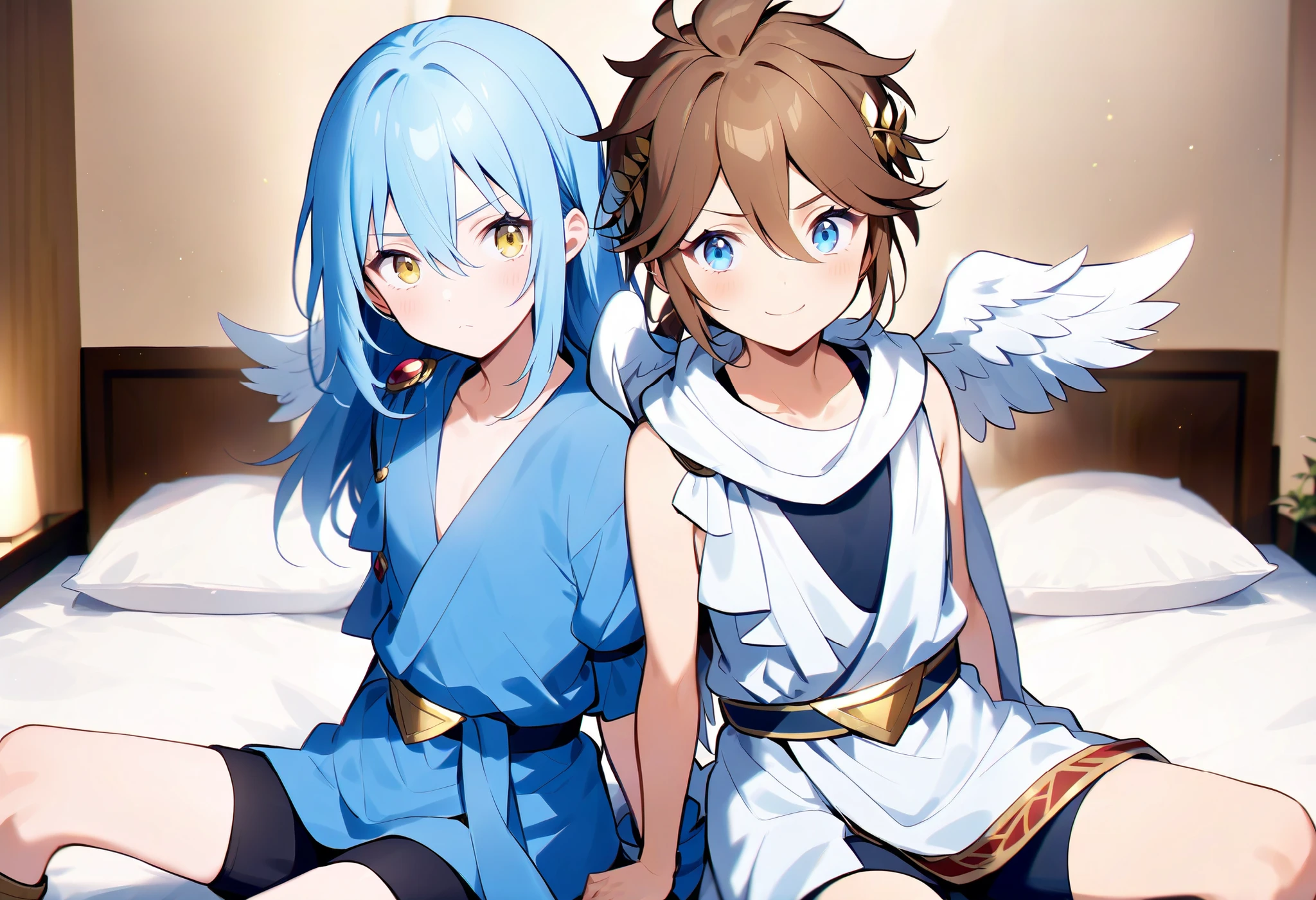 (((Highest Quality))), hotel room background, sitting on bed, two character sitting beside each other, 2characters, 2boys, BREAK smile, rimuru_tempest, blue hair, yellow eyes, long hair, bangs, hair between eyes, androgynous, fur trim, blue clothes BREAK smile, pitt, brown hair, blue eyes, wings, angel wings, bike shorts, toga, grecian clothes