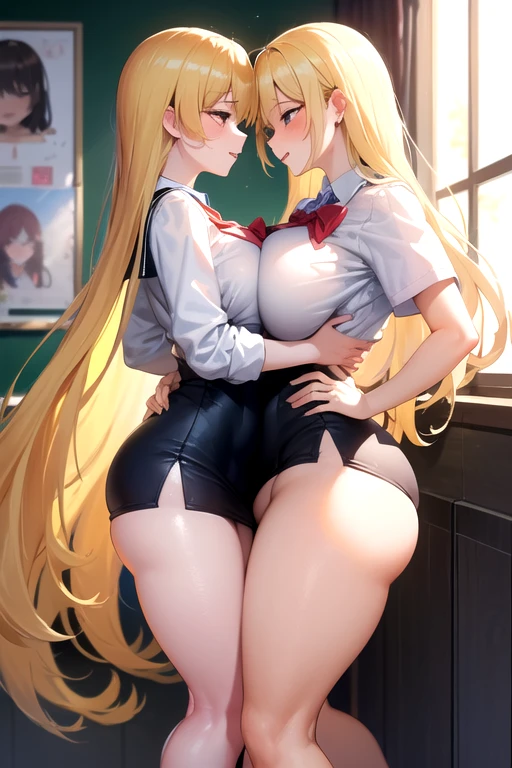 masterpiece, Highest quality, High resolution, Ichigoya, alone, Red neckerchief, , Extra Large ,pubic hair、Nipples、Areola、Thighs、Navy knee-high socks、High resolution,School、Desk and chair in the background、Turn your ass towards me、Twin tails、blonde