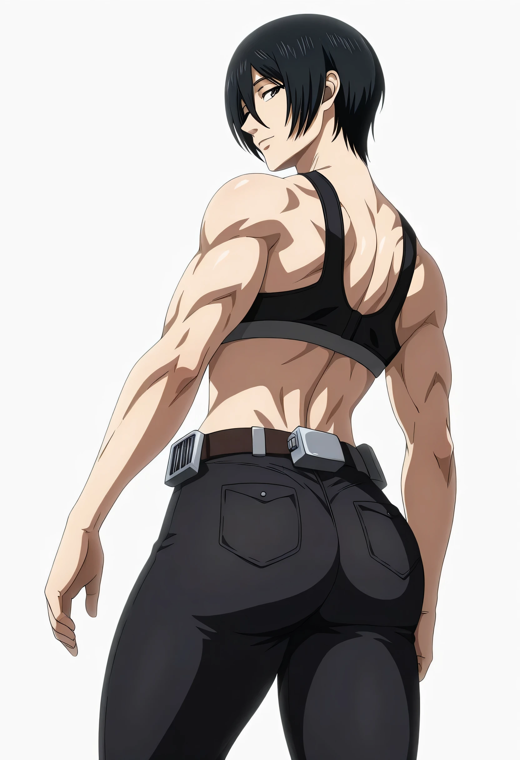 anime coloring, anime screencap, mikasa ackerman, 1girl, solo, short hair, black hair, towards viewer, badass, closed mouth, black sport bra, , belt, black pants, sleeping back, cowboy shot, looking at viewer,, white background, simple background, masterpiece, best quality, highres, very aesthetic, very awa, newest, amazing details, intricate details, ultra detailed,six-pack,bluge between mikasa legs indicates that she have non erect penis,tone six-pack,lean,Matching design own anime,metal muscles designed,sexual pelvis muscles,mikasa handsome face,mikasa princes face,serratus anterior muscles,light smile,mikasa sexual energy enough to do 50 orgasms,sporting body,mikasa love internet is females,back tilted backward,small butt,