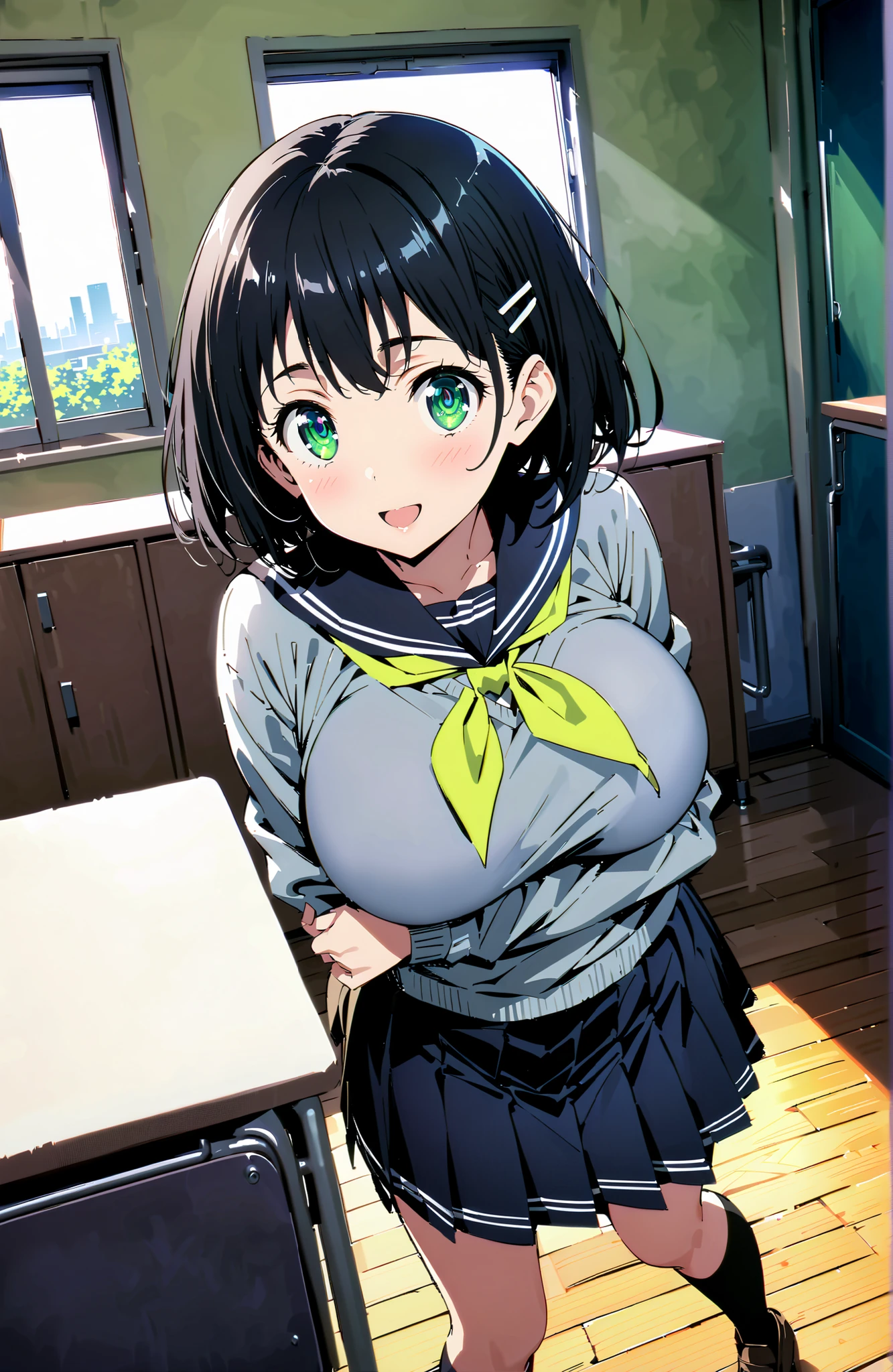 score_9, score_8_up, score_7_up, source_anime, Kirigaya Naoha , short hair, black hair, hair ornament, hair clip, green eyes,smile,blush,and open the mouth,Big Breasts,
school uniform, skirt for ears, pleated skirt for ears, sailor collar, black skirt for ears, Sailor Suit, long sleeve, neckerchief, (gray sweater, sweater:1.2), black sailor collar, yellow neckerchief, black high socks,Holding a bouquet in both arms,standing,break looking at viewer,full body,
break indoors,Classroom,
break (masterpiece:1.2), best quality, high resolution, Unity 8Kの壁紙, ( illustration :0.8), (beautiful detailed eyes:1.6), very detailed faces, perfect lighting, very detailed CG, (perfect hand in h, 完璧な解剖学),