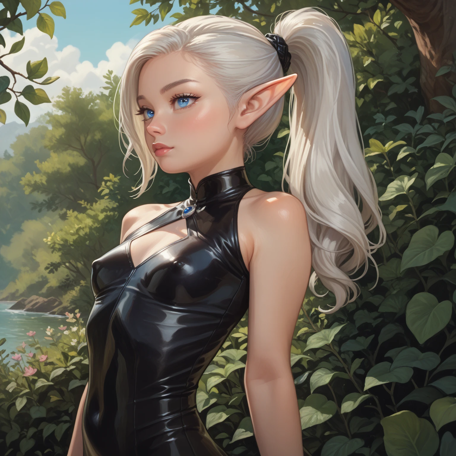 White elf girl, small ears, white long air, white eye color, small eyes, realistic human eye shape, black low cut dress, portrait, wearing a black hood, dark background, nipples showing, chest showing, NSFW, upper body, Depth of Field. looking at camera, dreamy lookdetailed eyes, detailed face, detailed skin