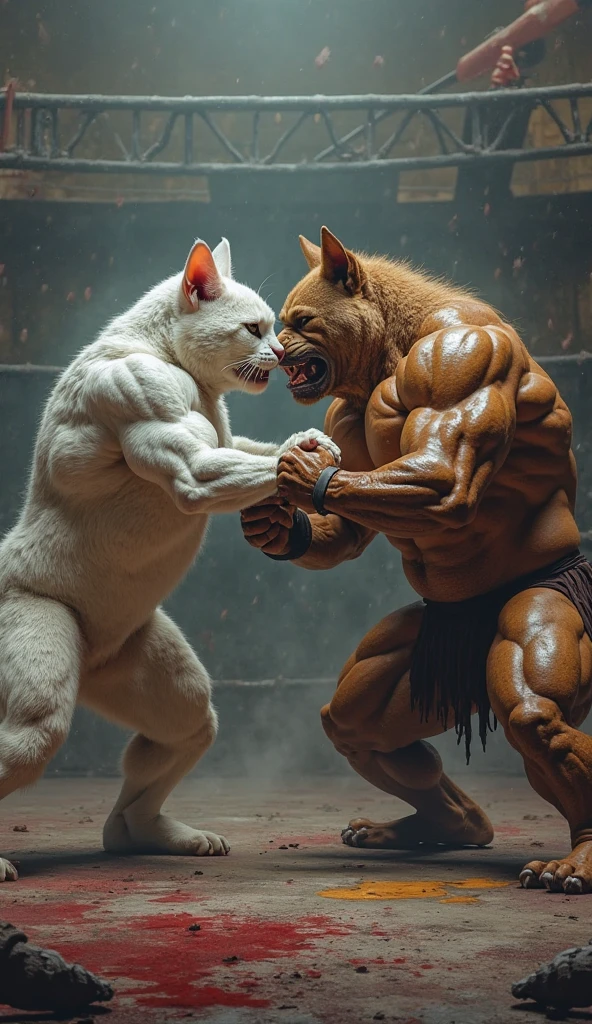 Make bodybuilder his head is cat and body is human Fighting with Another white cat bodybuilder white cat has got punched