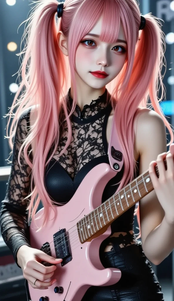 ulzzang-6500-v1.1, (raw photo:1.2), ((photorealistic:1.4)), best quality ,masterpiece, illustration, an extremely delicate and beautiful, extremely detailed , CG ,unity , 8k wallpaper, Amazing, finely detail, official art, extremely detailed CG unity 8k wallpaper, absurdres, incredibly absurdres, huge filesize, ultra-detailed, highres, beautiful detailed girl, extremely detailed eyes and face, beautiful detailed eyes, light on face, cinematic lighting,(extremely pink tight suit clothing:0.8), 1girl, full body, full-body shot, looking at viewer, sexy smile, (light pink hair:1.2), red eyes,((bliss)), best detailed background, (cosplay:1), (smile), twintails, (hold a guitar)