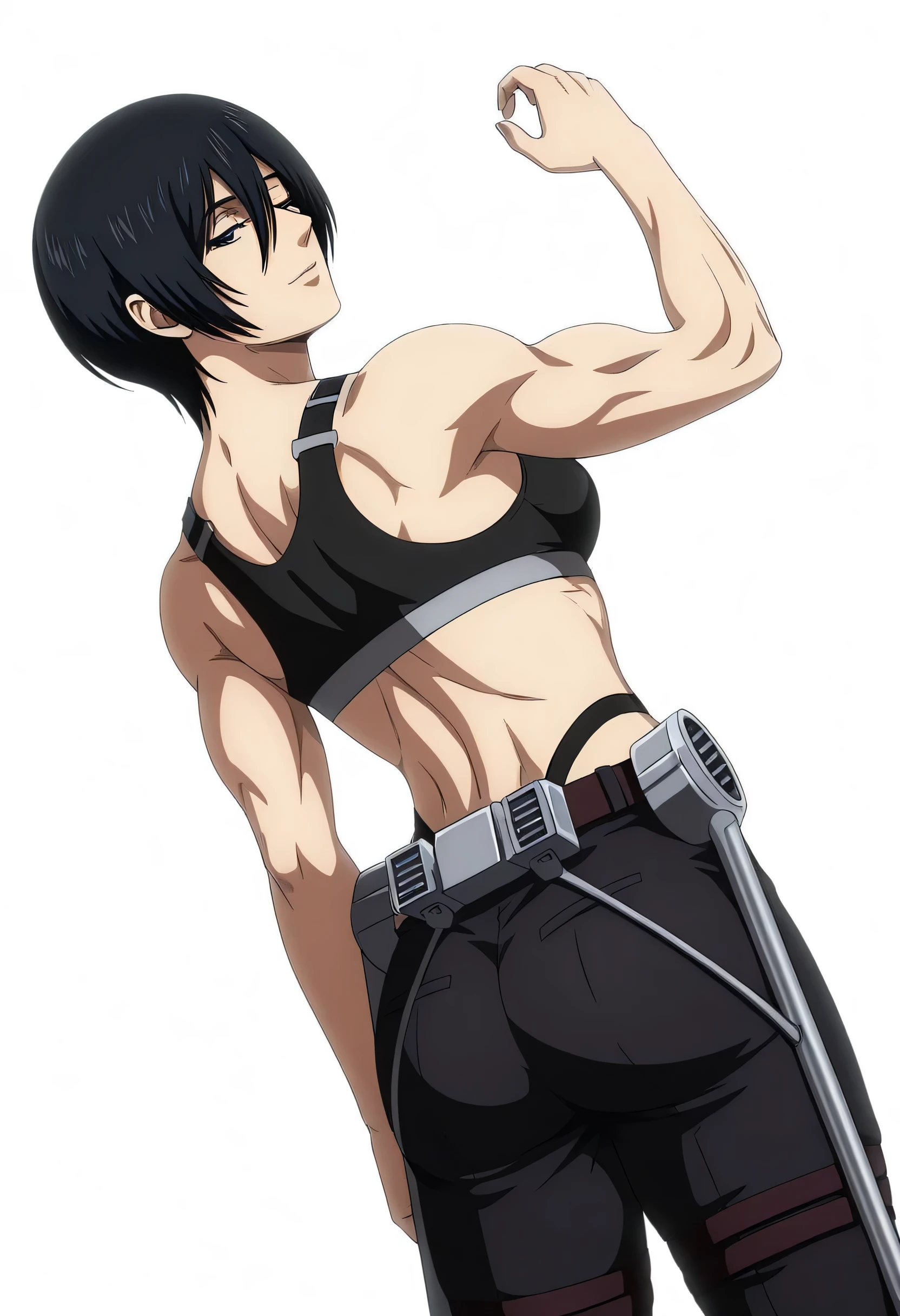 anime coloring, anime screencap, mikasa ackerman, 1girl, solo, short hair, black hair, towards viewer, badass, closed mouth, black sport bra, , belt, black pants, sleeping back, cowboy shot, looking at viewer,, white background, simple background, masterpiece, best quality, highres, very aesthetic, very awa, newest, amazing details, intricate details, ultra detailed,six-pack,bluge between mikasa legs indicates that she have non erect penis,tone six-pack,lean,Matching design own anime,metal muscles designed,sexual pelvis muscles,mikasa handsome face,mikasa princes face,serratus anterior muscles,light smile,mikasa sexual energy enough to do 50 orgasms,sporting body,mikasa love internet is females,back tilted backward,upper back