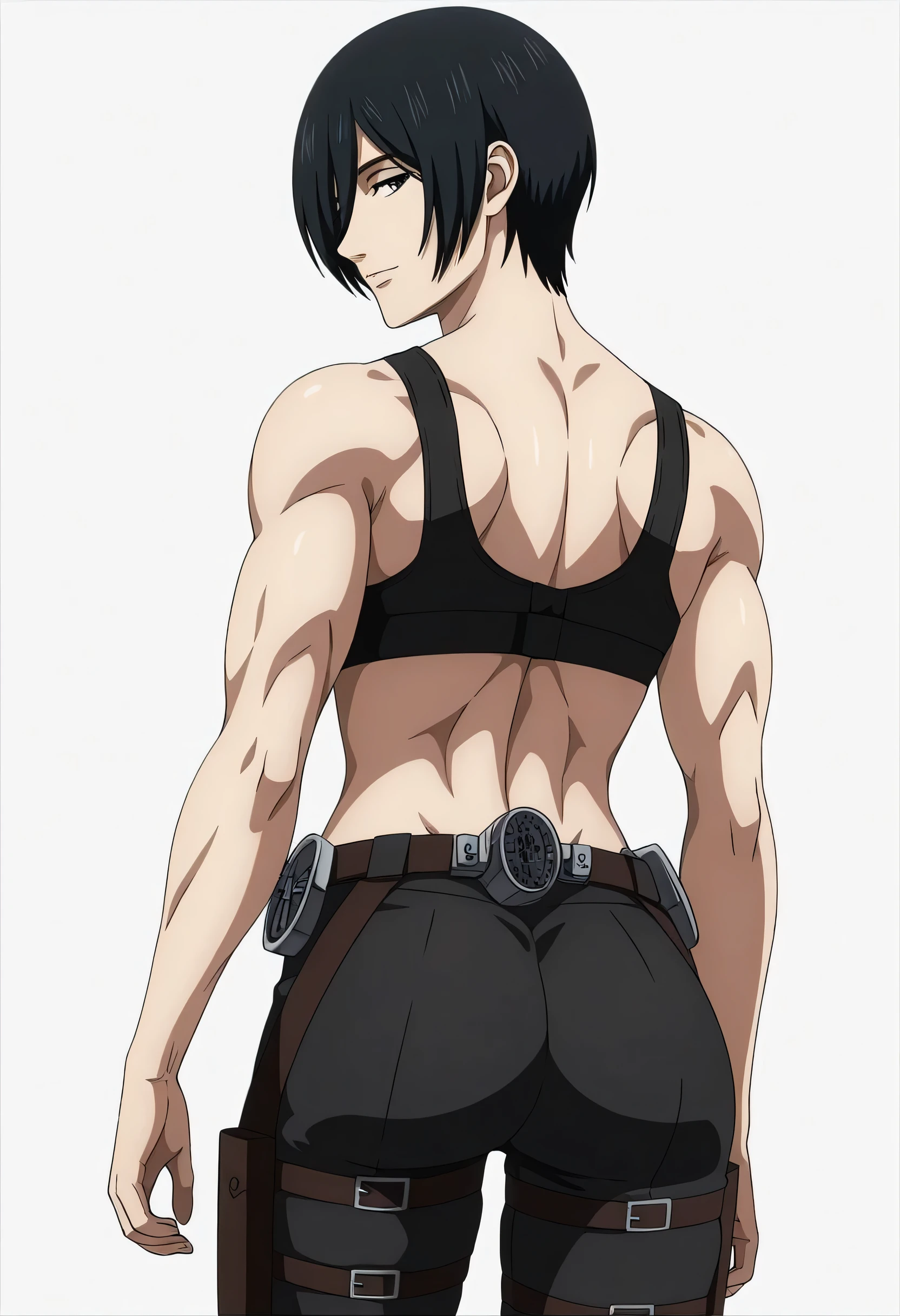 anime coloring, anime screencap, mikasa ackerman, 1girl, solo, short hair, black hair, towards viewer, badass, closed mouth, black sport bra, , belt, black pants, sleeping back, cowboy shot, looking at viewer,, white background, simple background, masterpiece, best quality, highres, very aesthetic, very awa, newest, amazing details, intricate details, ultra detailed,six-pack,bluge between mikasa legs indicates that she have non erect penis,tone six-pack,lean,Matching design own anime,metal muscles designed,sexual pelvis muscles,mikasa handsome face,mikasa princes face,serratus anterior muscles,light smile,mikasa sexual energy enough to do 50 orgasms,sporting body,mikasa love internet is females,back tilted backward,upper back