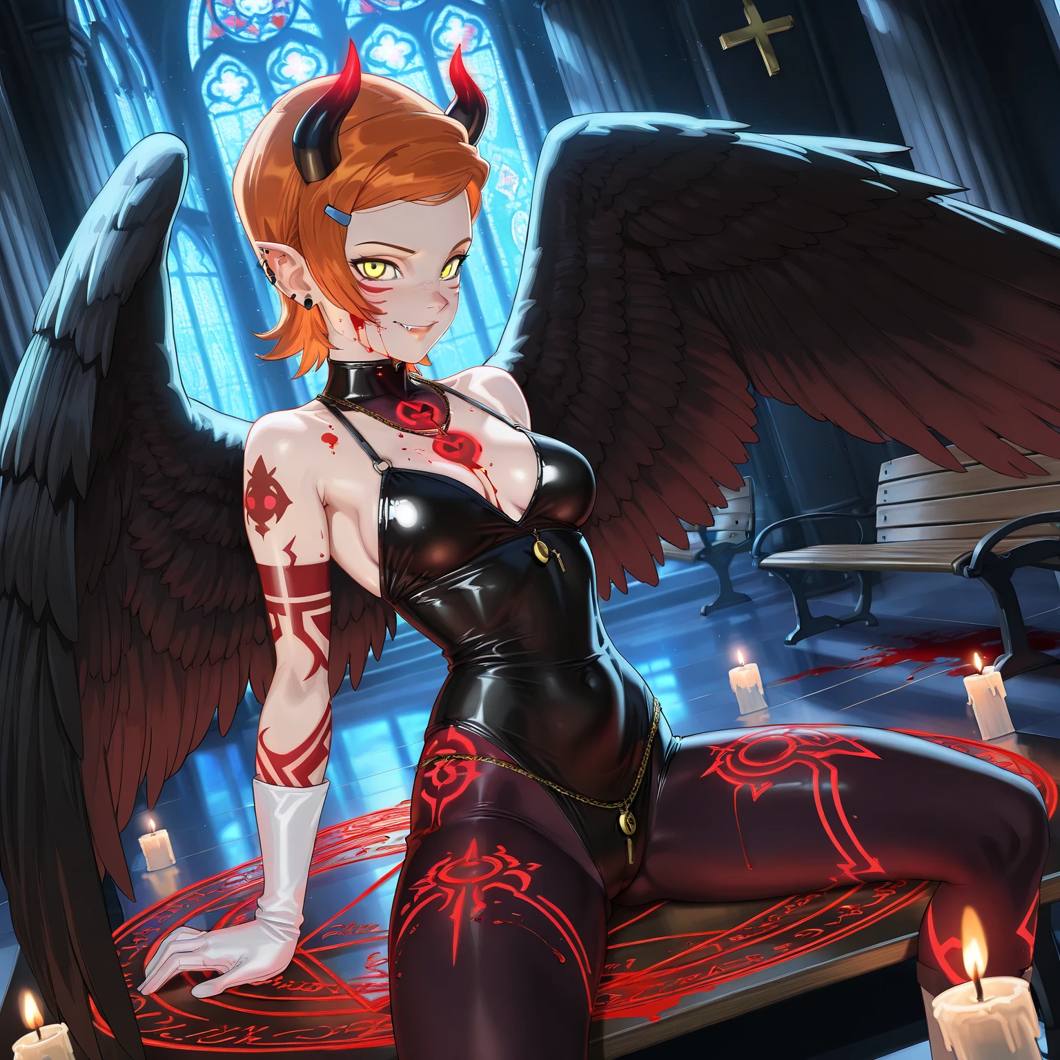 a white girl with red hair in a bun hazel eyes and small tits small thighs mature face kneeling legs spread black angel wings black unicorn horn