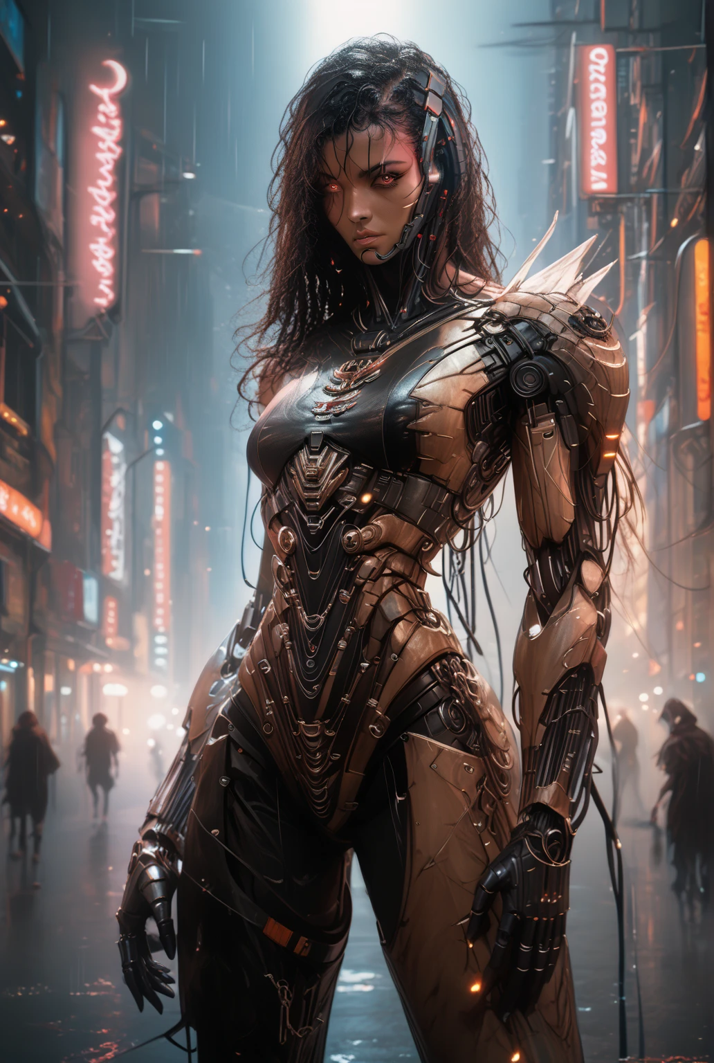 (megan fox), Cinematic, hyper-detailed, and insanely detailed, this artwork captures the essence of a muscular cyborg girl. Beautiful color grading, enhancing the overall cinematic feel. Unreal Engine brings her anatomic cybernetic muscle suit to life, appearing even more mesmerizing. With the use of depth of field (DOF), every detail is focused and accentuated, drawing attention to her eyes and the intricate design of the anatomic cybernetic muscle suit . The image resolution is at its peak, utilizing super-resolution technology to ensure every pixel is perfect. Cinematic lighting enhances her aura, while anti-aliasing techniques like FXAA and TXAA keep the edges smooth and clean. Adding realism to the anatomic cybernetic muscle suit, RTX technology enables ray tracing. Additionally, SSAO (Screen Space Ambient Occlusion) gives depth and realism to the scene, the girl's anatomic cybernetic muscle suit become even more convincing. In the post-processing and post-production stages, tone mapping enhances the colors, creating a captivating visual experience. The integration of CGI (Computer-Generated Imagery) and VFX (Visual Effect brings out the anatomic cybernetic muscle suit's intricate features in a seamless manner. SFX (Sound Effects) complement the visual artistry, immersing the viewer further into this fantastic world. The level of detail is awe-inspiring, with intricate elements meticulously crafted, the artwork hyper maximalist and hyper-realistic. Volumetric effects add depth and dimension, and the photorealism is unparalleled. The image is rendered in 8K resolution, ensuring super-detailed visuals. The volumetric lightning adds a touch of magic, highlighting her beauty and the aura of her anatomic cybernetic muscle suit in an otherworldly way. High Dynamic Range (HDR) technology makes the colors pop, adding richness to the overall composition. Ultimately, this artwork presents an unreal portrayal of a super muscled cyborg girl