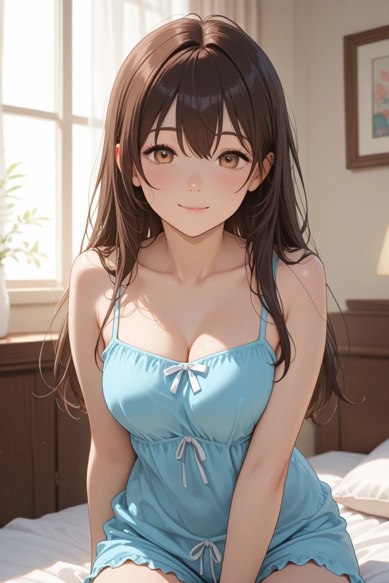 masterpiece, High resolution, High resolution, High resolution, Girl, cute, adorable, smiling, straight hair, long hair, black hair, brown eyes, full breasts, morning, clear weather, looking at the camera, bedroom, sunlight, bra top, from thighs to head, standing,
(leaning forward:1.2),
bend down,
hands on knees