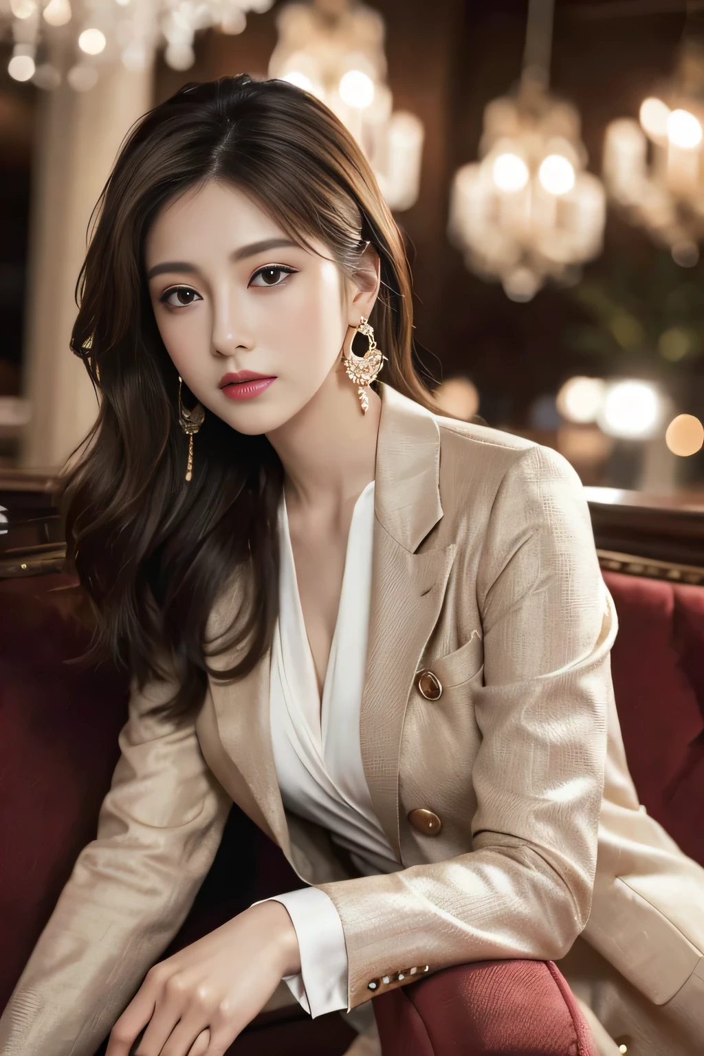 masterpiece, Highest quality, Realistic, Very detailed, Finer details, High resolution, 8k wallpaper, One beautiful woman, Wear a nice suit, In a great restaurant, At night, Light brown messy hair, Perfect dynamic composition, Beautiful and beautiful eyes、Big earrings、Sit on the sofa