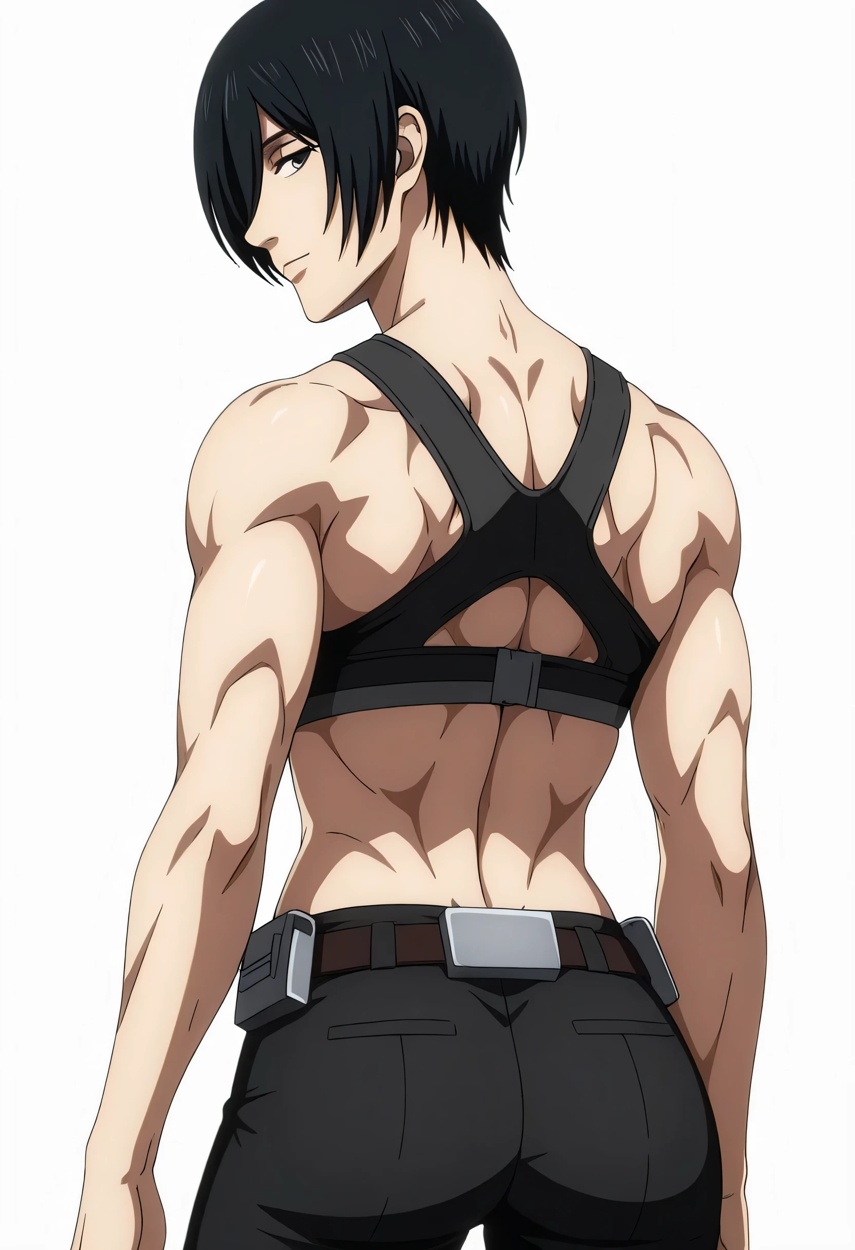 anime coloring, anime screencap, mikasa ackerman, 1girl, solo, short hair, black hair, towards viewer, badass, closed mouth, black sport bra, , belt, black pants, sleeping back, cowboy shot, looking at viewer,, white background, simple background, masterpiece, best quality, highres, very aesthetic, very awa, newest, amazing details, intricate details, ultra detailed,six-pack,bluge between mikasa legs indicates that she have non erect penis,tone six-pack,lean,Matching design own anime,metal muscles designed,sexual pelvis muscles,mikasa handsome face,mikasa princes face,serratus anterior muscles,light smile,mikasa sexual energy enough to do 50 orgasms,sporting body,mikasa love internet is females,back tilted backward,upper back,athletic back