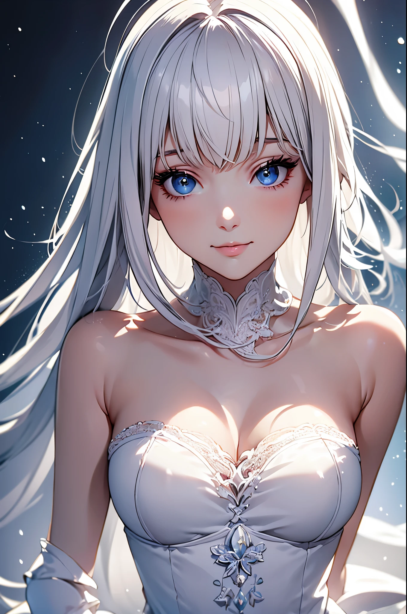 best quality,ultra detailed,white hair,gloves,Portrait, Soft Lighting ,Delicate Details,realistic skin texture with Emi, smile,bright colors, Fine Brush Strokes , glowing background ,Ethereal vibe, Impeccable Makeup ,graceful posture,Kind personality,sleek design,high fashion, classic elegance ,Subtle Patterns ,Textured Fabric,dark background,Contrast,Contrast,Contrast,Close Attention to Details, neutral tones ,Dreamy Atmosphere,Sublime Beauty,Sophisticated style,Restrained Lighting,Artistically Composed,Graceful Movement,Pure and Refined Aesthetics,Fine Charm,Sophisticated,Sublime Charm,Timeless Elegance,A glorious presence,Exquisite Craftsmanship,Soft and Fantastic Footage,Sensual and Mysterious,white lace veil,Dignified and Attractive Silhouettes,soft expression.