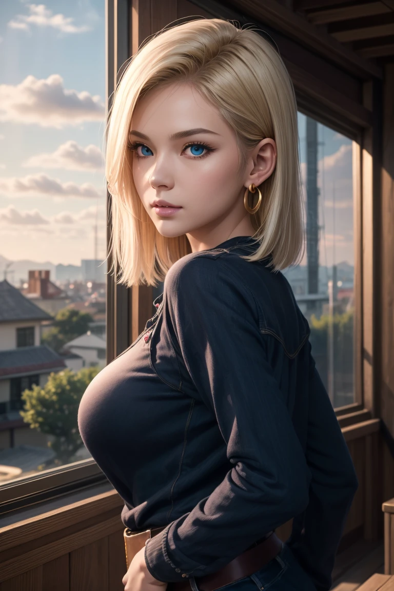 Android 18, ( upper body closeup shot ), ( Bokeh effect ), very seductive, seductive pose, smiling, cute, very cute, ultra high definition, masterpiece, ultra high quality, ultra detailing, 8k, in a see through shirt, see through hoodie, wet in rain, wet see through shirt, unbuttoned