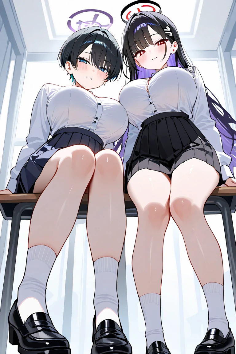 they are two girls in a bedroom, passionate pose, sexy dominant pose, commission for high res, dominant pose, (first girl short black hair and blue eyes), (second girl Long pink Hair and pink eyes), (16 years old), white stockings,in classroom,full-body view,masturbate each others, nsfw