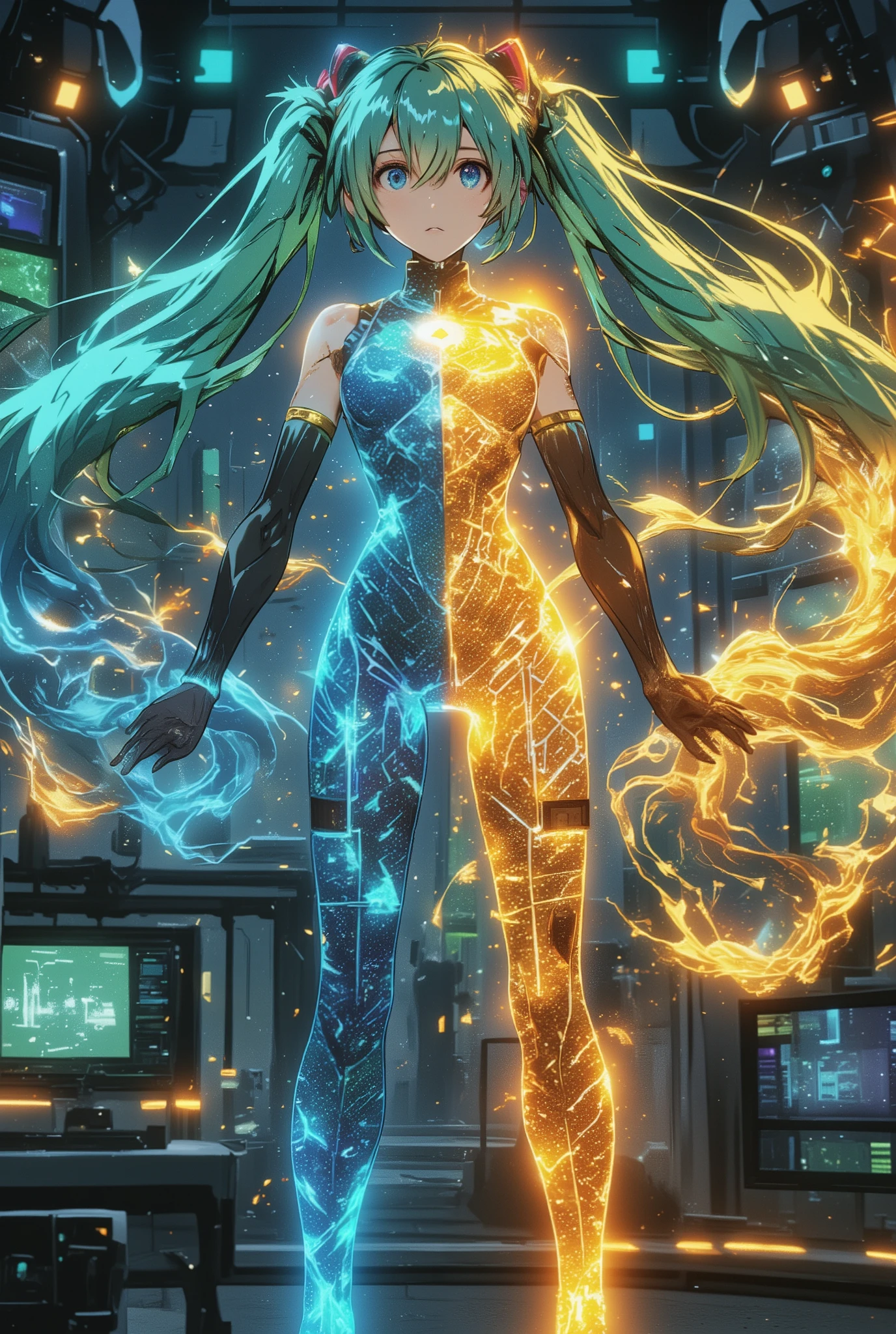 ( masterpiece、 best quality、 best quality、Official Art、 beautiful and beautiful :1.2) Hatsune Miku、light green twin tails, beautiful breasts, (masterpiece, Super Detail, futuristic fashion, 8k, Editorial Lighting), posing while changing her whole body、Stunning woman , Holographic Outfit to the Body. The left side of her body still shows her previous use of color (Deep neon blue with circuit-like lines), on the other hand、On the right、transforms into a golden translucent holographic texture with light rays and soft particles. Holographic Bodysuit、Her expression represents slight surprise. Outfit Looks Dynamic, that changes style as if reprogramming in real time. Background、is a high-tech fashion studio with sophisticated panels, Shining Holographic Control, and a futuristic camera floats near her. The lighting is wavy on the changing fabric Reflects like, (Holographic Bodysuit:1.4),(Dynamic Outfit Transformation),(Color Transition),(Sci-fi Style Photography Moments),(mirror highlight, Translucent glow ),(beautiful woman in silya room, muscular body, Impressive Face , Short, Shiny Hair)