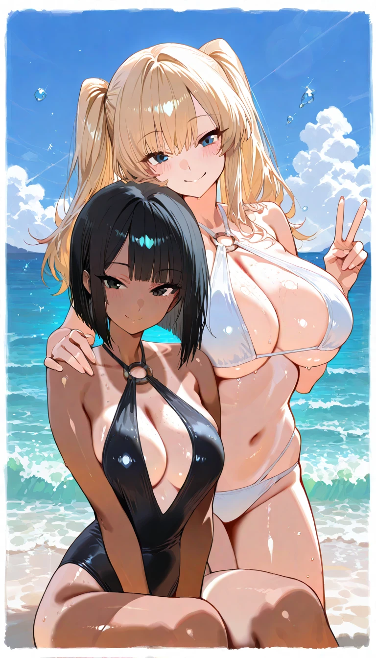 PaizuriFellatio, best quality, 2girls, breasts, paizuri, , 1boy, pov, penis ween the breasts, medium breasts, collarbone, pubic hair, breasts_squeezed_together, unaligned breasts, asymmetrical breasts, betn the breasts, in beach house, beach, tropical beach, beautiful stepsister,, bikini, ,, sweaty, X hair ornaments, motion lines, blunt bangs, uncensored, navel, , breasts squeezed together, cooperative paizuri