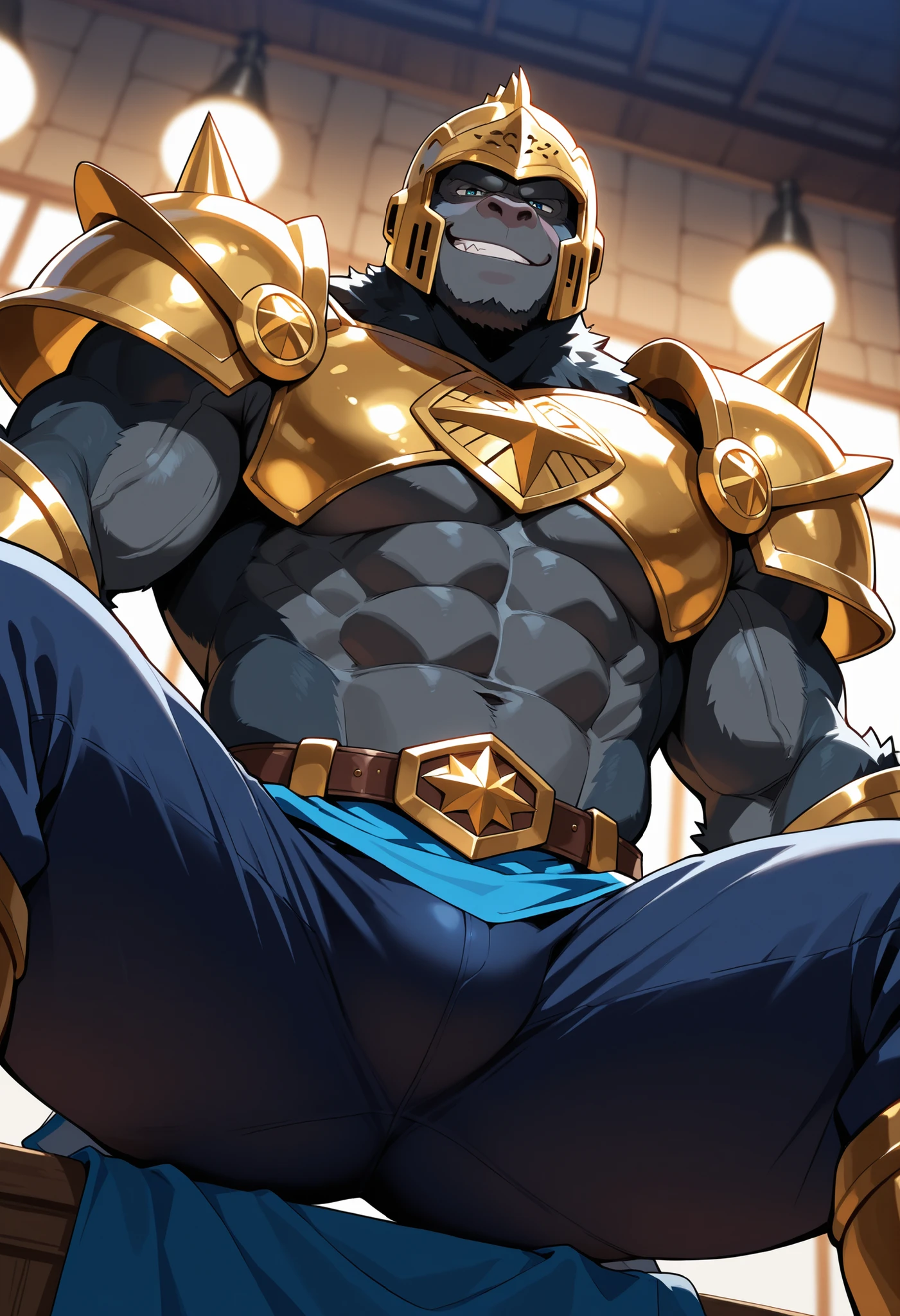 best qualtiy,tmasterpiece,超A high resolution,(realisticlying:1.4),详细的脸,独奏,Repressed shots,((full bodyesbian)),Muscle man sitting on the table,inside a classroom,interior scenes,Black panty,dark red skin,Asian male,1 male,35-year-old man,a broad shouldered,Wear a hood and horn ornaments on the head,the Extremely Detailed CG Unity 8K Wallpapers,Complicated details,Detailed skin texture details,Spread your legs,An expression of kindness,large pecs,Round pectoral muscles,Naked upper body,Anatomy Human,((((Bulging crotch)))),Dark skin,Dark brown legs,sweat leggs,Thick body hair