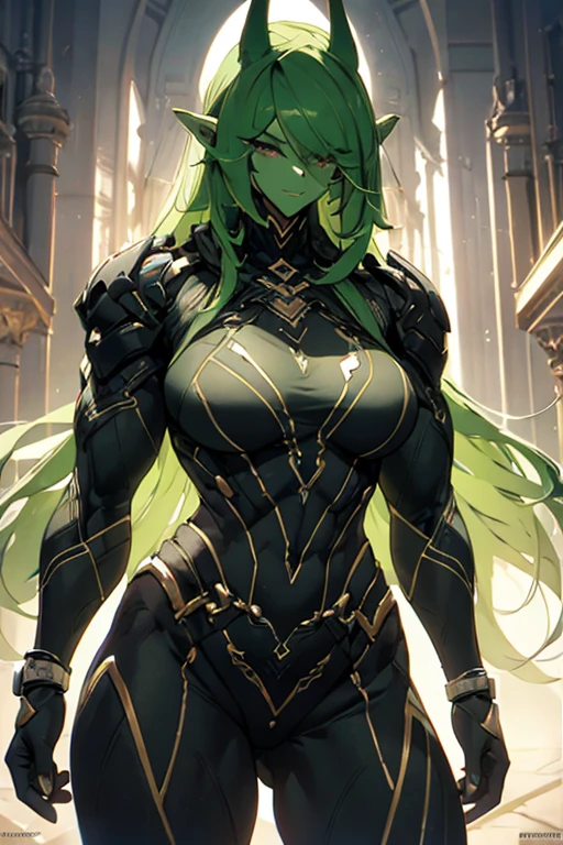 Woman, musclegirl,  green skinned orc legs, with loose black clothes, detailedeyes, (full hd, highy detailed, work of art). full viwer