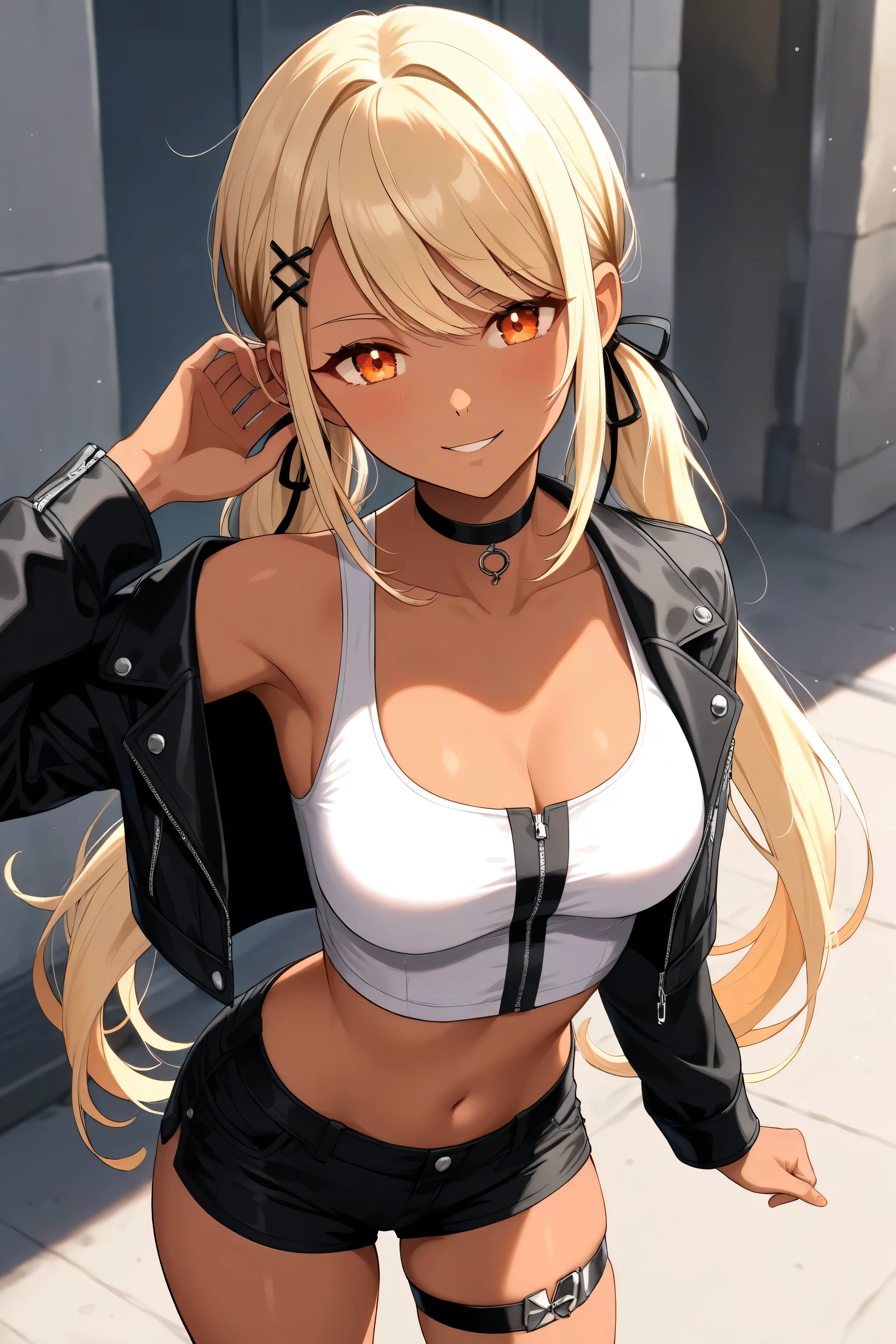 best quality, masterpiece,QpiCos1 dark skinned female, orange eyes, blonde hair, long hair, low twintail, hair ribbon, hairclip, choker, cropped jacket, black jacket, white shirt, midriff, black shorts, thigh strap,