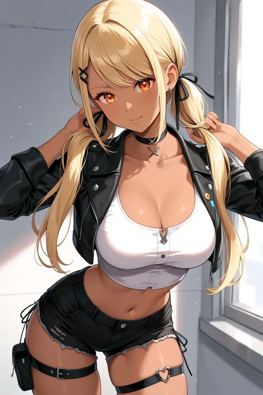 (masterpiece、Highest quality、Very detailed))、One girl、((Brown skin:1.3))、Blonde、Two Side Up、Grey Eyes、evilsmile、((Grin))、((lots of piercing))、Large Breasts、cleavage、((white sweater))、Off the shoulder、Strapless、Cowboy Shot、((clothing lift))、belly button、((denim short shorts))、Bedroom Background
