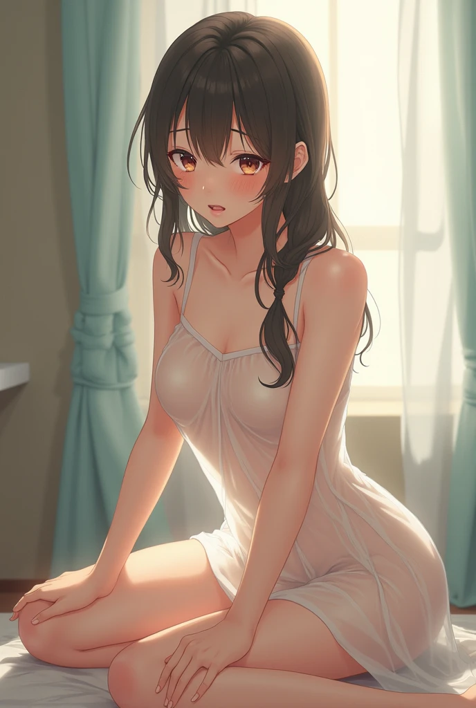 highest quality、masterpiece、super detailed、Ultra - High resolution、1 female、solo、25 years old、(Soft bust:1.2)、Natural milk、cleavage、underwear、See through、leaning forward、(White highlights of the pupil:1.2)、dark red-brown eyes、(ponytail)、(black haired:1.2)、(look at the audience:1.2)、white skin、rough skin、blush、naughty look、embarrassed look、Bedroom、(Blur the background a lot to make the woman stand out:1.3)、(beautiful flower)、sunlight