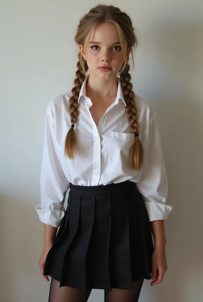 A 18-year-old blonde woman, ((hiperrealismo))textured skin, goosebumps, perfect eyes. Blonde hair with light brown roots. cabello rubio, Hair with brown roots, really long hair. photo taken with iPhone, Porta 160 color. Provocative pose. College light sky blue shirt, college dark blue skirt, at the classroom. Photo taken with iPhone. Cosplay. Blue uniform. Photo Taken with iPhone. Back view, shot looking up, showing butt