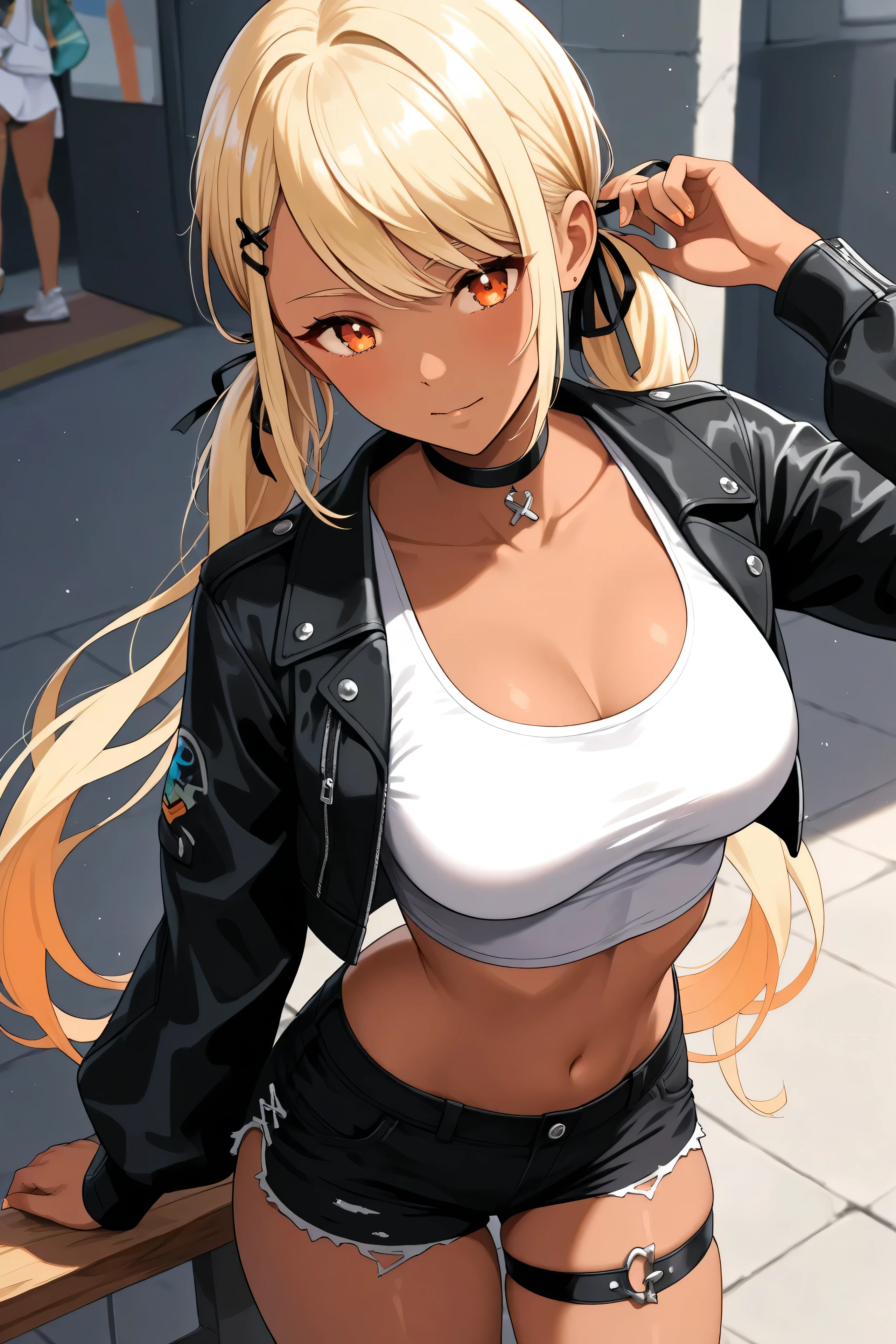 best quality, masterpiece,QpiCos1 dark skinned female, orange eyes, blonde hair, long hair, low twintail, hair ribbon, hairclip, choker, cropped jacket, black jacket, white shirt, midriff, black shorts, thigh strap,