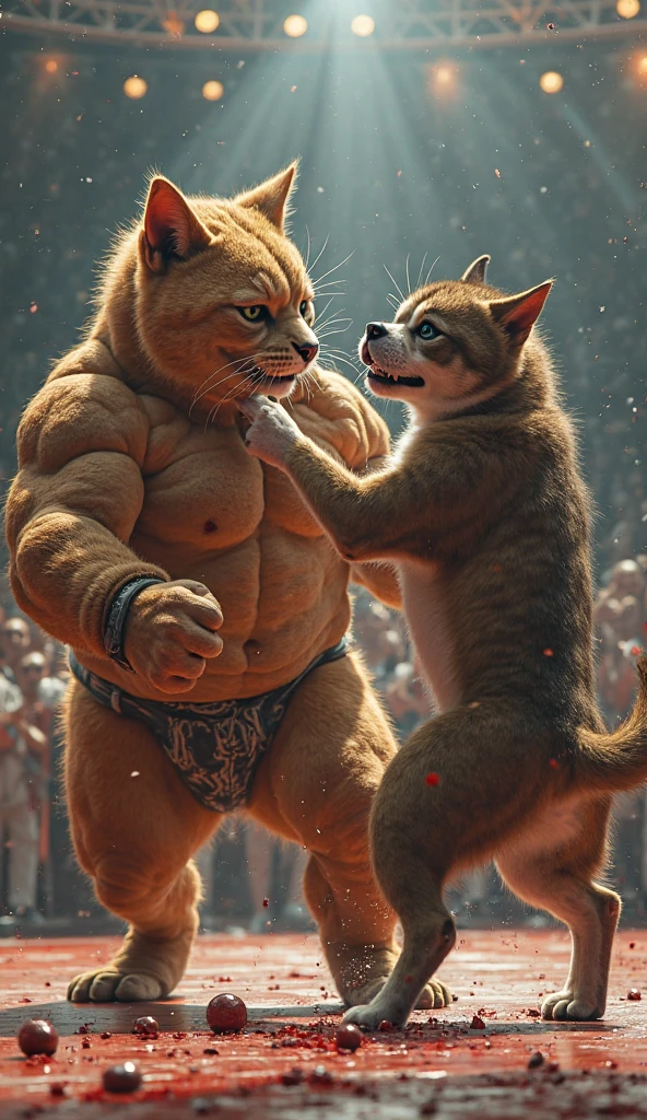 In the 'Meow Gym,' the intense battle has reached its climax, with the dog bodybuilder finally overpowering the cat bodybuilder. The dog, still panting and with a few battle scars, stands tall and victorious, gently holding the cat down with a firm but respectful paw. The cat, although defeated, looks up at the dog with a mix of exhaustion and respect, acknowledging the outcome. Around them, the gym-goers—both cats and dogs—observe the scene with admiration for the fierce competition. The atmosphere is filled with a sense of sportsmanship and mutual respect, highlighting the end of a hard-fought contest between two strong opponents."
2/2