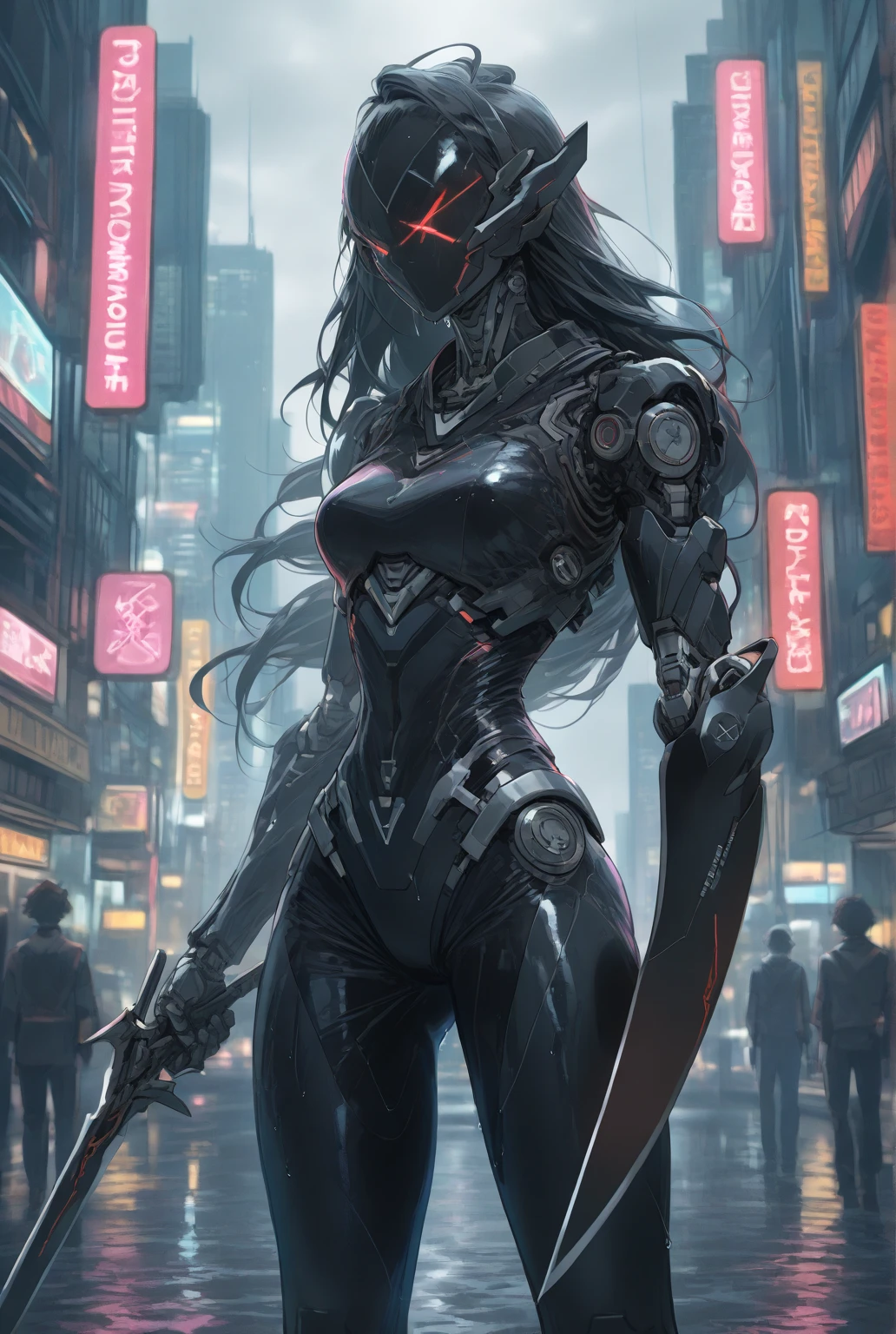 Create a futuristic setting with a female humanoid robot featuring a sleek, silver and black design. The robot has long, flowing hair that contrasts with its metallic body and glowing red eyes, exuding an aura of advanced technology. The large mechanical arm transform to become a long, sharp blade, no hand. ForeArm is the blade, no hand. The setting should depict a cyberpunk-style cityscape drenched in rain, with neon lights reflecting off the wet surface. The atmosphere is dark and gloomy, emphasizing the symbiosis of technology and beauty. Capture both the intricate mechanical details of the robot and the dramatic atmosphere of the city