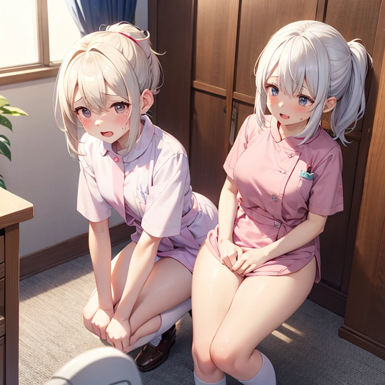 NSFW,masterpiece,Highest quality,High resolution,Super detailed,Shirakami Fubuki\(Hololive\),Gray Hair、One-sided braid、Ahoge、Earrings,Fox ears,Fox tail,Small breasts,nurse,Pink Nurse Uniform,Nurse cap,Stethoscope,Embarrassed,blush,Expecting face,Feeling face,(Ecstasy face),(Ahegao),Sexy look,Hospital at night,Examination room,desk,pc,Chair,(Seduce),Cleavage,examine,Chairに座っている,Leg spread,Rub your own breasts,(Masturbation),(Squirting),From before