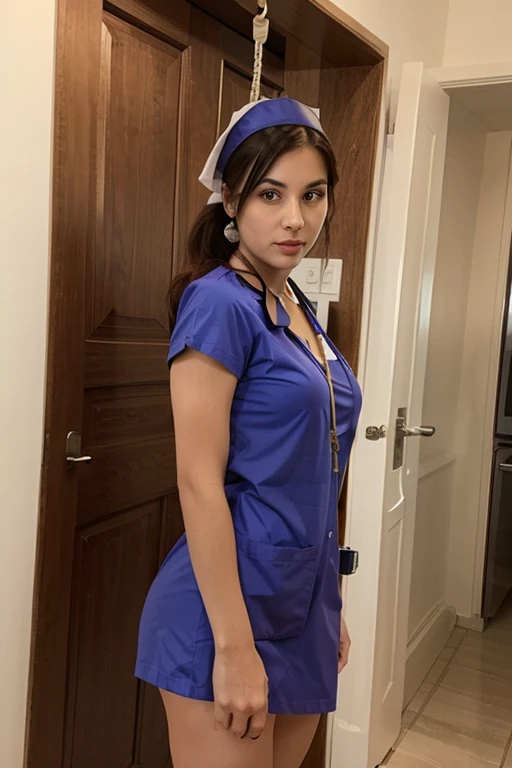 masterpiece, best quality, ultra-detailed, illustration, hijab, 1girl, big breast forward chest, looking at viewer, best quality, (closed mouth,light smile,blue eyes:1.1), beautiful detailed glow , (nurse costume:1.3),(bad room), full body view, randome pose