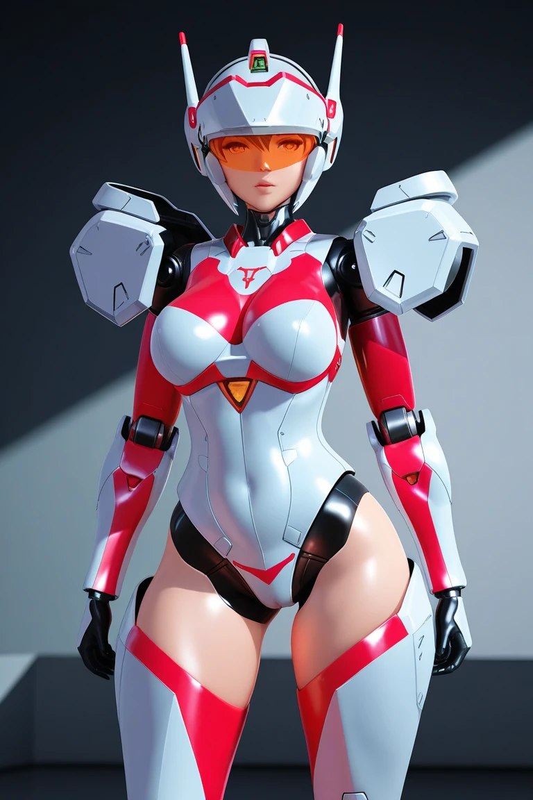 A woman beautiful breasts stands confidently in the center of a futuristic setting, wearing a white and red form-fitting, shiny hard ceramic body armored suit with intricate details. short blonde hair and she poses with one hand on her hip, luminous glow a soft lighting, The background features a high-tech environment with illuminated panels and mechanical structures, creating a sci-fi atmosphere.