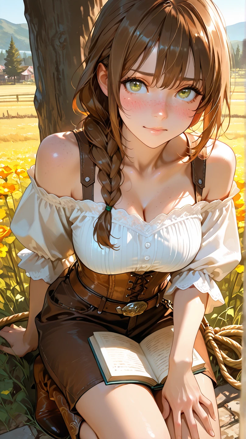 best quality, masterpiece, by Jessie Willcox Smith, bright colors, (pixie cut), thighs, (detailed labia, vagina), huge breasts, nipples, wide hips, 1girl, curvy polish peasant sittimg in the middle of a wheat field, shot from above, open wheat sack, <lora:60s_Ramada:1> SixtiesRamada, 1960s, retro, film grain, Fujifilm,