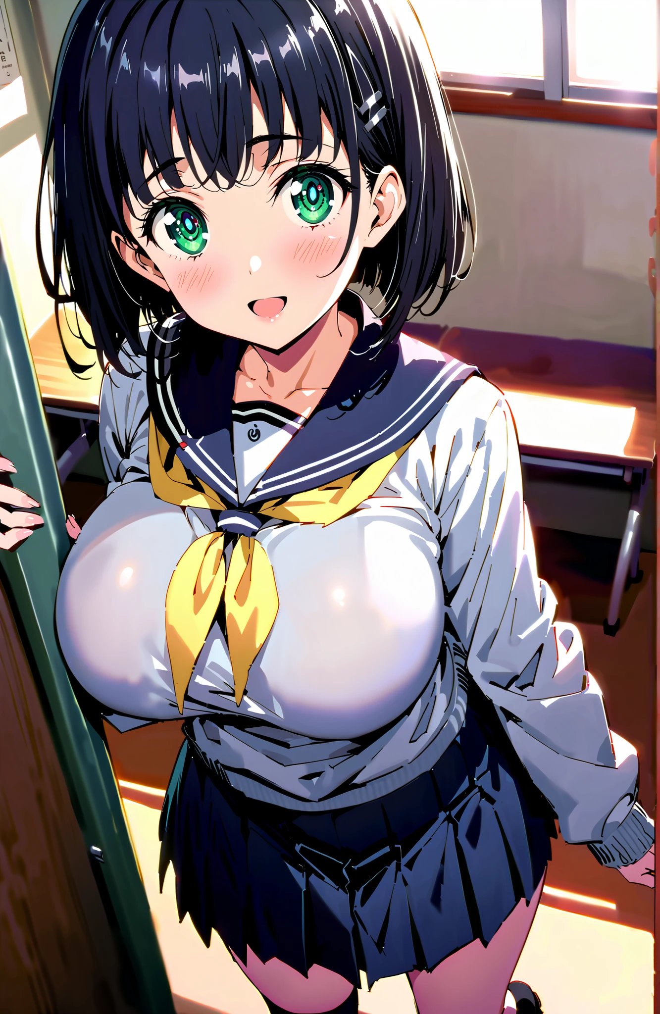 score_9, score_8_up, score_7_up, source_anime, Kirigaya Naoha , short hair, black hair, hair ornament, hair clip, green eyes,smile,blush,and open the mouth,Big Breasts,
school uniform, skirt for ears, pleated skirt for ears, sailor collar, black skirt for ears, Sailor Suit, long sleeve, neckerchief, (gray sweater, sweater:1.2), black sailor collar, yellow neckerchief, black high socks,Holding a bouquet in both arms,standing,break looking at viewer,full body,
break indoors,Classroom,
break (masterpiece:1.2), best quality, high resolution, Unity 8Kの壁紙, ( illustration :0.8), (beautiful detailed eyes:1.6), very detailed faces, perfect lighting, very detailed CG, (perfect hand in h, 完璧な解剖学),