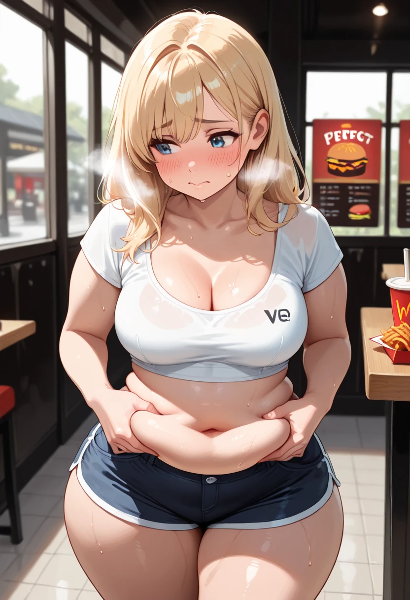 ((Masterpiece)), perfect anatomy, perfect shading, field of depth, (best quality), extremely delicate and beautiful, perfect lighting, detailed face, ultra cute face, cute, ((blush)), nervous, ((1girl)), (solo),
one girl has blonde hair, blue eyes, crop top and shorts, jeans, white shirt, thighs clothes, full body, medium breasts, cleavage, ((wide hips)), ((thick thighs)), ((chubby)), chubby belly, fat folds,
fast food restaurant, standing,