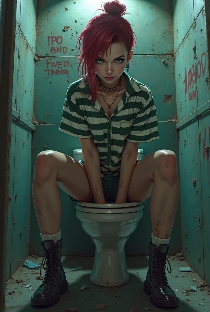 night lighting, blonde 26 years old woman, punk rock style, undercut shaved hair in one side, punk rock make up, posing in toilet, showing her red thong while looking back at me, on all fours, bending over