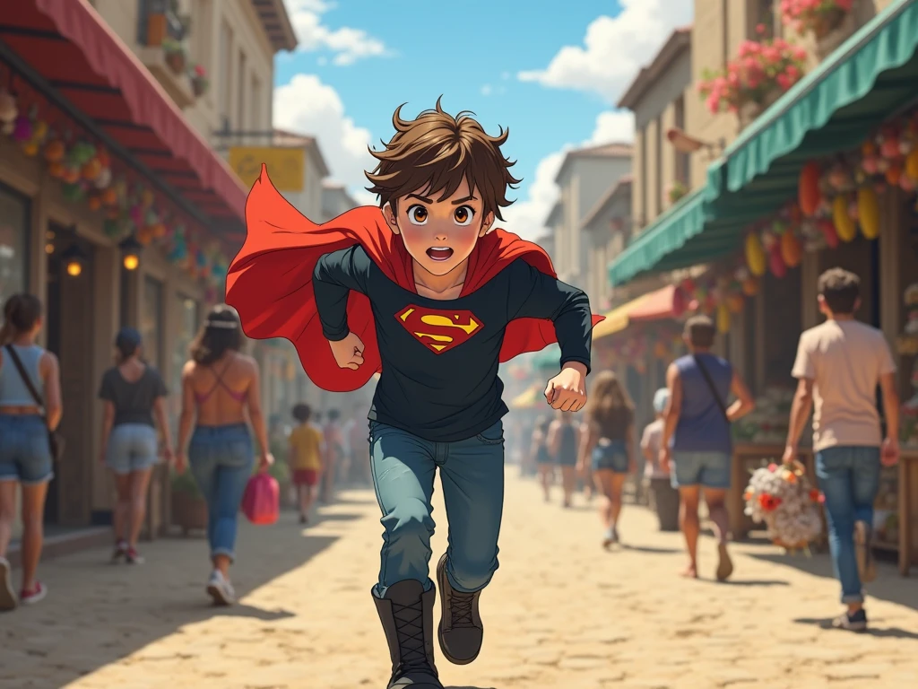 Obra-prima, de melhor qualidade, Light brunette child, cabelos castanhos claros, cabelos presos, sorridente, looking-into-camera, super heroina, Superhero , victory, vestimentas, WMASK, cidade, urbano, Buildings, Children's School, creches, justice league, estilo pixar