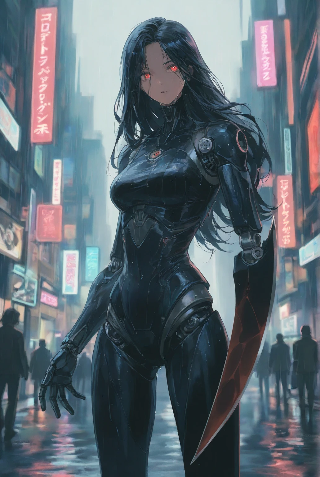 Create a futuristic setting with a female humanoid robot featuring a sleek, silver and black design. The robot has long, flowing hair that contrasts with its metallic body and glowing red eyes, exuding an aura of advanced technology. The large mechanical arm transform to become a long, sharp blade, no hand. ForeArm is the blade, no hand. The setting should depict a cyberpunk-style cityscape drenched in rain, with neon lights reflecting off the wet surface. The atmosphere is dark and gloomy, emphasizing the symbiosis of technology and beauty. Capture both the intricate mechanical details of the robot and the dramatic atmosphere of the city