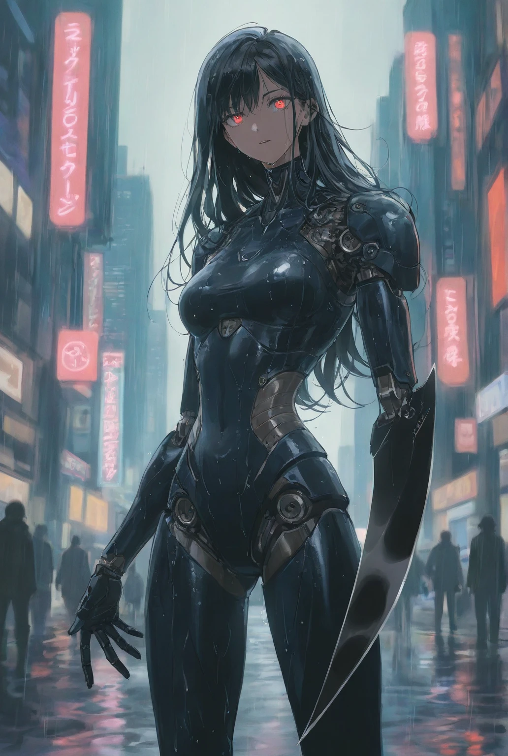 Create a futuristic setting with a female humanoid robot featuring a sleek, silver and black design. The robot has long, flowing hair that contrasts with its metallic body and glowing red eyes, exuding an aura of advanced technology. The large mechanical arm transform to become a long, sharp blade, no hand. ForeArm is the blade, no hand. The setting should depict a cyberpunk-style cityscape drenched in rain, with neon lights reflecting off the wet surface. The atmosphere is dark and gloomy, emphasizing the symbiosis of technology and beauty. Capture both the intricate mechanical details of the robot and the dramatic atmosphere of the city