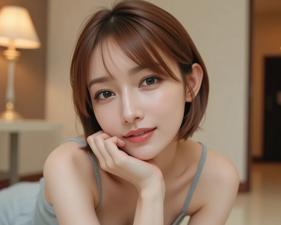 (masterpiece:1.3), high resolution, ultra detailed, extremely detailed CG unity 16k wallpaper, realistic, photo-realistic, RAW photo, super fucking beautiful detailed face, natural makeup, pale skin, realistic glistening skin, detailed cloth texture, detailed hair texture, beautiful detailed fullbody, Perfect female body, accurate, Anatomically correct, Highly detailed face and skin texture, natural neck length, (beautiful hands), (fair skin:1.1), (well-aligned teeth:1.1), (beautiful breasts:1.2), (beautiful thighs:1.2), (cowboy shot:1.3), (Perfect dynamic composition, looking at viewer), 
BREAK, 
Detailed eyes, symmetric eyes, Light Brown eyes, Double eyelids, Thin eyebrows, (Glossy lips:1.4), ((A face with waiting for a kiss:1.2)), (blush:1.1), (A sparkling small hair accessory:1.1), (beautiful smile:1.1), (sweat skin,blush:1.2), (Random and cute poses), 
BREAK, 
((short hair, bob, Dark blonde hair, bangs:1.2)),  
(Standing in the office, secretary:1.3)