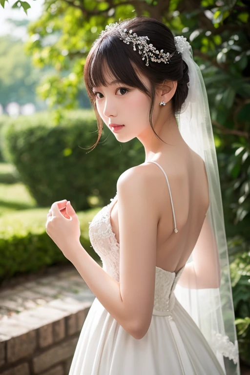 ((addielyn))、Random posture、(extremely delicate and beautiful work)、(​masterpiece)、One girl、Highly Detailed Elegant Wedding Dresses、tiarra、A highly detailed、Warped ponytail、A charming expression、Beautiful and clear eyes、Green pupil、delicate necklaces、Delicate earrings、Simple blurry background、Description of extreme details、Beautiful fece、A charming、Ultra-fine painting、delicated face、Delicate figure、thin clavicle、Beautiful lips、、full bodyesbian、mix4、(8K、Raw photography、top-quality、​masterpiece:1.2), (reallistic, Photorealsitic:1.37),1girl in,Cute,Cityscape, natta, Sateen, Wetty, Professional Lighting, Photon mapping, Radio City, physically-based renderingt, above waist、乃木坂アイドル、韓国アイドル、hposing Gravure Idol、女優、