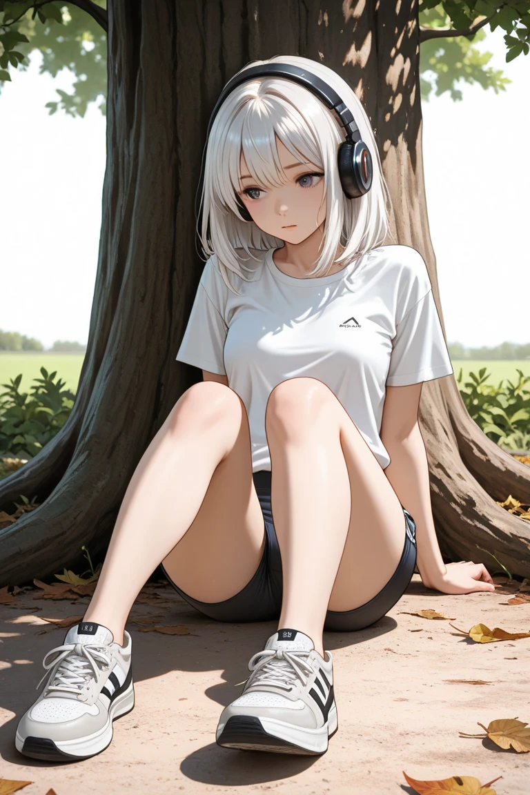 masterpiece,Highest quality,8K,Cinematic Light,Ultra-high resolution,a bit,One Girl,bag,Backpack,alone,3 colors of hair,Shorts,star,Tank top \,(symbol\),food,Sitting,Silver Hair,star 髪飾り,headphone,socks,White footwear,black Shorts,whole body,boots,bandage,slope,Twin tails,