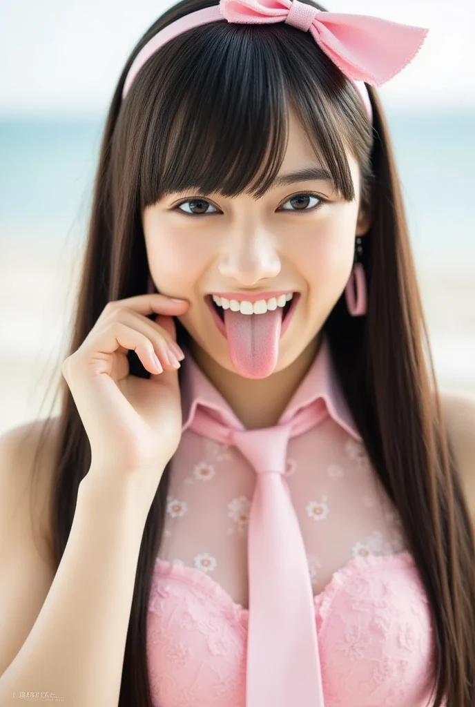 ((stick out tongue))、((half open mouth))、((Red lip gloss))、(((The look of waiting for a kiss)))、(close ~ eye)