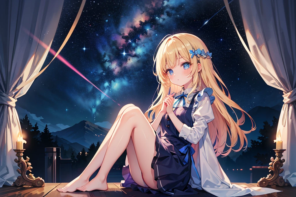 photo realistic, photo realistic, photo realistic, (masterpiece, best quality:1.4), (8k, raw photo, photo realistic:1.2), Not Safe for Work, detailed skin, detailed face, 1girl, Japanese idol, cute-face, Child, petite, ( sitting on the Big Clock face one's eyebrows), (((Hugging, Model of the Earththe earth))), blonde hair, Wavy Hair, blue eyes. semi-long, mini skirt, White Panties, (light blue apron dress), beautiful eyes, Sparkling, 14age, braided bangs, kanzashi, full body, Beautiful scenery, ((outer space)), void of space, in the galaxy,celestial globe,constellation, planets of the solar system, high resolution, night view, pretty fingers, beautiful feet, small breasts, colorful stars, many ball of light, Fantastic, beautiful stars, full body shot, countless lights, many Orbs,Constellation Disc,