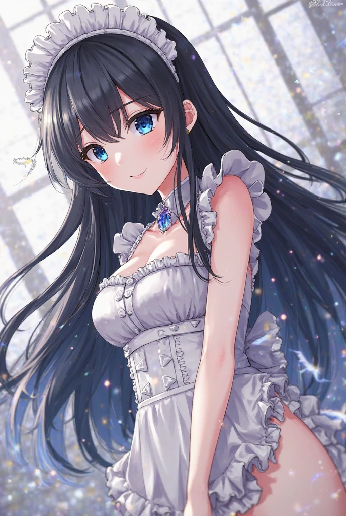 mecha wings、White and blue skirt、Accentuated thighs、White tights、chest、Beautiful black hair、1 girl、solo girl、Thick thighs、IS、Frame Arms Girl、Alice Gere Aegis、White Armor、income、headphone、hand on own chest、smile