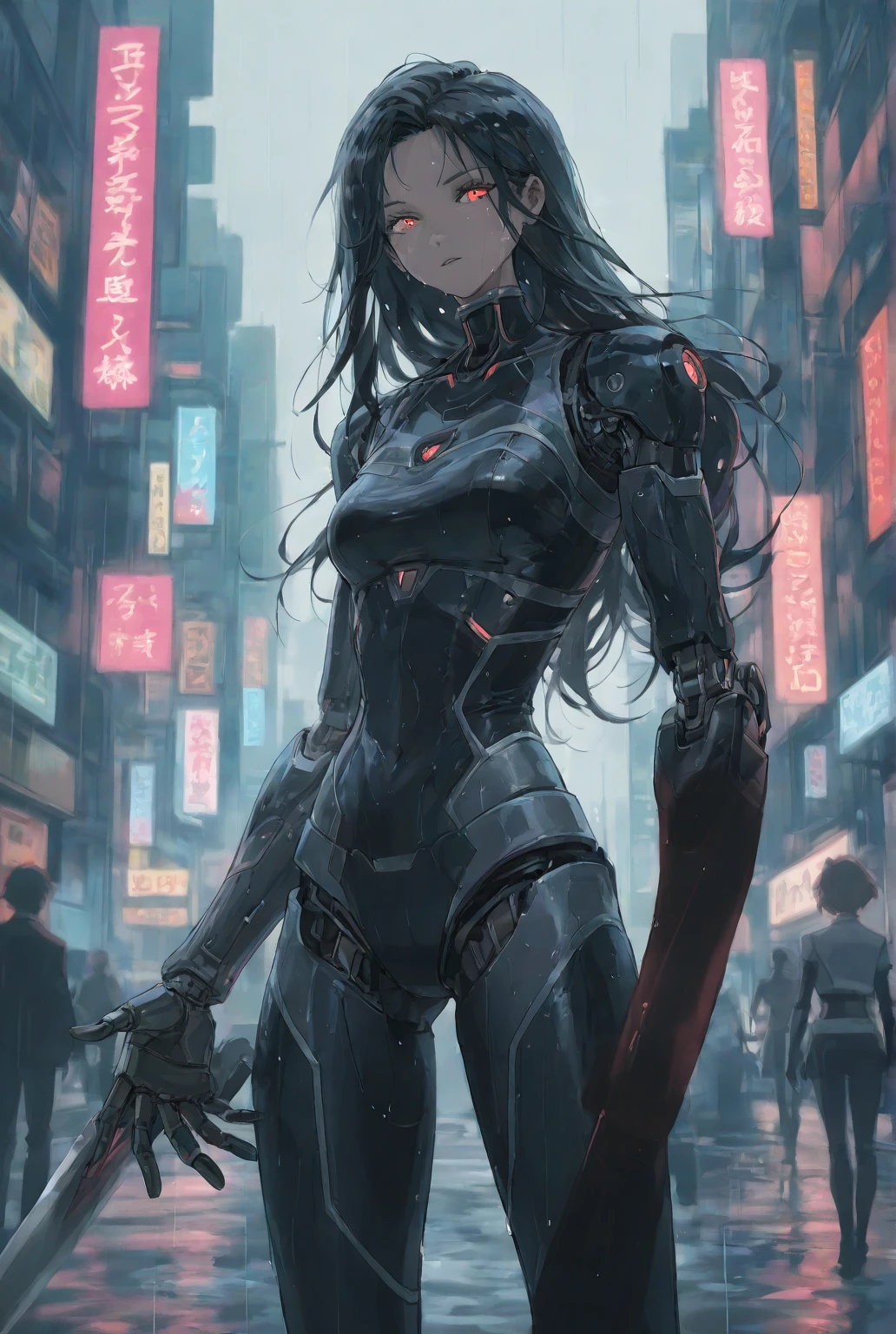 Create a futuristic setting with a female humanoid robot featuring a sleek, silver and black design. The robot has long, flowing hair that contrasts with its metallic body and glowing red eyes, exuding an aura of advanced technology. The large mechanical arm transform to become a long, sharp blade, no hand. ForeArm is the blade, no hand. The setting should depict a cyberpunk-style cityscape drenched in rain, with neon lights reflecting off the wet surface. The atmosphere is dark and gloomy, emphasizing the symbiosis of technology and beauty. Capture both the intricate mechanical details of the robot and the dramatic atmosphere of the city