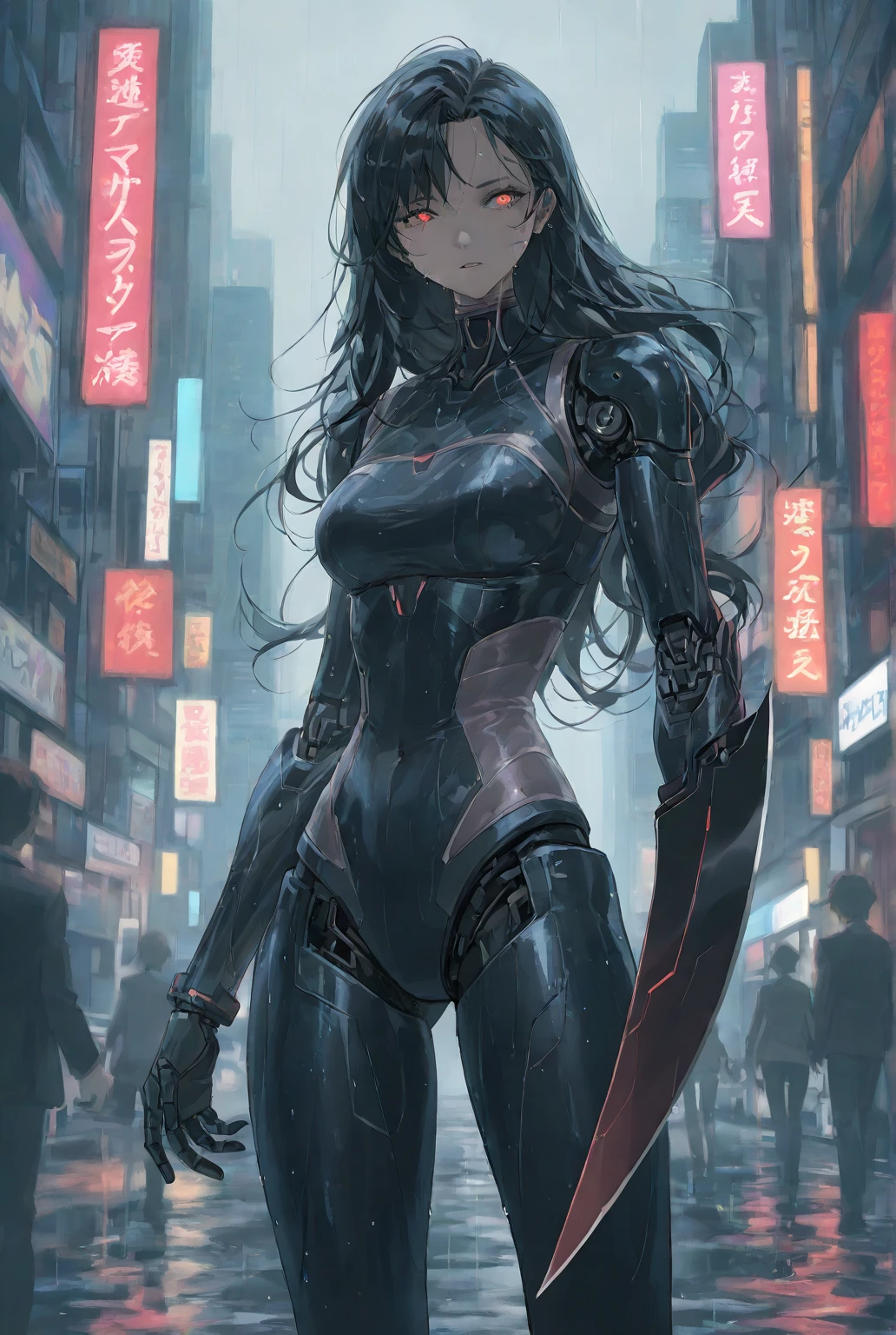 Create a futuristic setting with a female humanoid robot featuring a sleek, silver and black design. The robot has long, flowing hair that contrasts with its metallic body and glowing red eyes, exuding an aura of advanced technology. The large mechanical arm transform to become a long, sharp blade, no hand. ForeArm is the blade, no hand. The setting should depict a cyberpunk-style cityscape drenched in rain, with neon lights reflecting off the wet surface. The atmosphere is dark and gloomy, emphasizing the symbiosis of technology and beauty. Capture both the intricate mechanical details of the robot and the dramatic atmosphere of the city