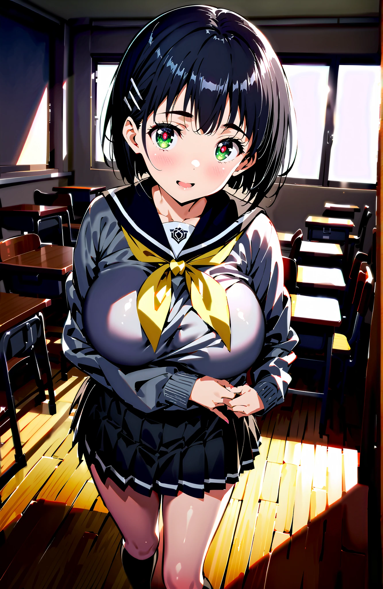 score_9, score_8_up, score_7_up, source_anime, Kirigaya Naoha , short hair, black hair, hair ornament, hair clip, green eyes,smile,blush,and open the mouth,Big Breasts,
school uniform, skirt for ears, pleated skirt for ears, sailor collar, black skirt for ears, Sailor Suit, long sleeve, neckerchief, (gray sweater, sweater:1.2), black sailor collar, yellow neckerchief, black high socks,Holding a bouquet in both arms,standing,break looking at viewer,full body,
break indoors,Classroom,
break (masterpiece:1.2), best quality, high resolution, Unity 8Kの壁紙, ( illustration :0.8), (beautiful detailed eyes:1.6), very detailed faces, perfect lighting, very detailed CG, (perfect hand in h, 完璧な解剖学),