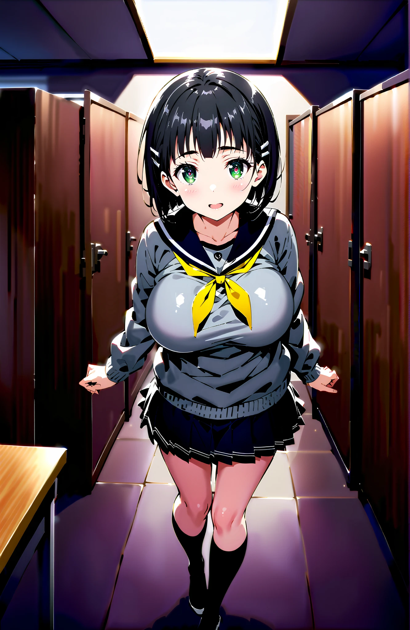 score_9, score_8_up, score_7_up, source_anime, Kirigaya Naoha , short hair, black hair, hair ornament, hair clip, green eyes,smile,blush,and open the mouth,Big Breasts,
school uniform, skirt for ears, pleated skirt for ears, sailor collar, black skirt for ears, Sailor Suit, long sleeve, neckerchief, (gray sweater, sweater:1.2), black sailor collar, yellow neckerchief, black high socks,Holding a bouquet in both arms,standing,break looking at viewer,full body,
break indoors,Classroom,
break (masterpiece:1.2), best quality, high resolution, Unity 8Kの壁紙, ( illustration :0.8), (beautiful detailed eyes:1.6), very detailed faces, perfect lighting, very detailed CG, (perfect hand in h, 完璧な解剖学),