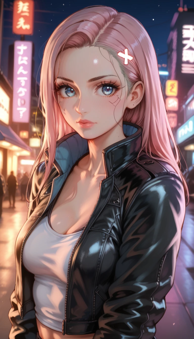There is a woman with pink hair and a black top, Retrato de Jinx de Arcane, seductive portrait of Tifa Lockhart, Double tail pink hair and cyan eyes, Samira de League of Legends, Close-up bust photo, Portrait of Tifa Lockhart, Photorealistic Render of Anime Girl, Haruno Sakura, as an Overwatch character, Rendered in SFM, Realistic 3D anime, greeting the camera, sexy
